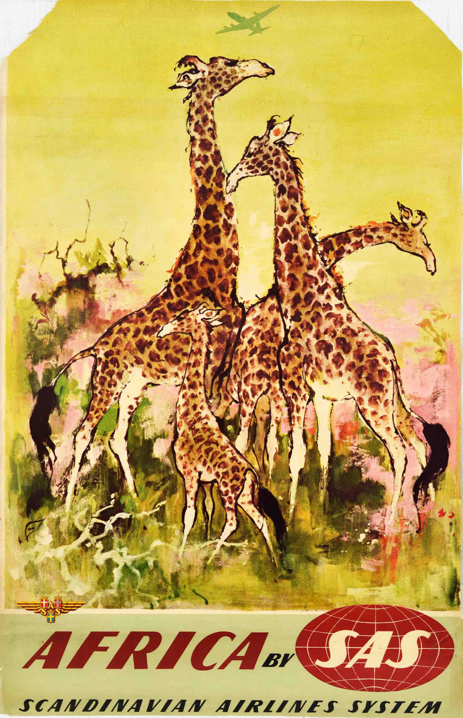 Travel Poster Africa Giraffe SAS Airlines Otto Nielsen: Original vintage travel poster for Africa issued by SAS Scandinavian Airlines System featuring a colourful design by Otto Nielsen (1916-2000) of giraffes against a yellow and pink background with a pl