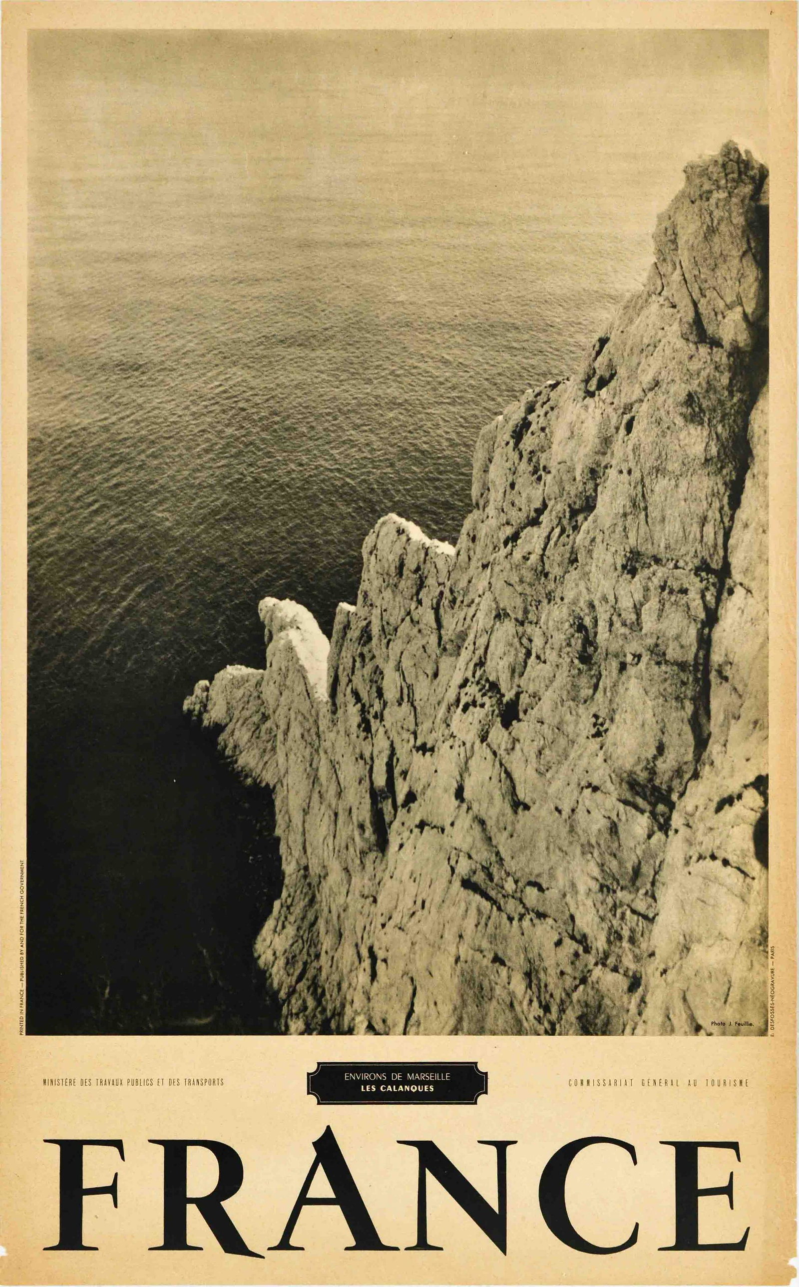 Travel Poster France Marseille The Calanques Mediterranean: Original vintage travel poster for France â€“ Surroundings of Marseille The Calanques â€“ featuring a photograph of the cliff slopes in the water. Calanques National Park is located on the M