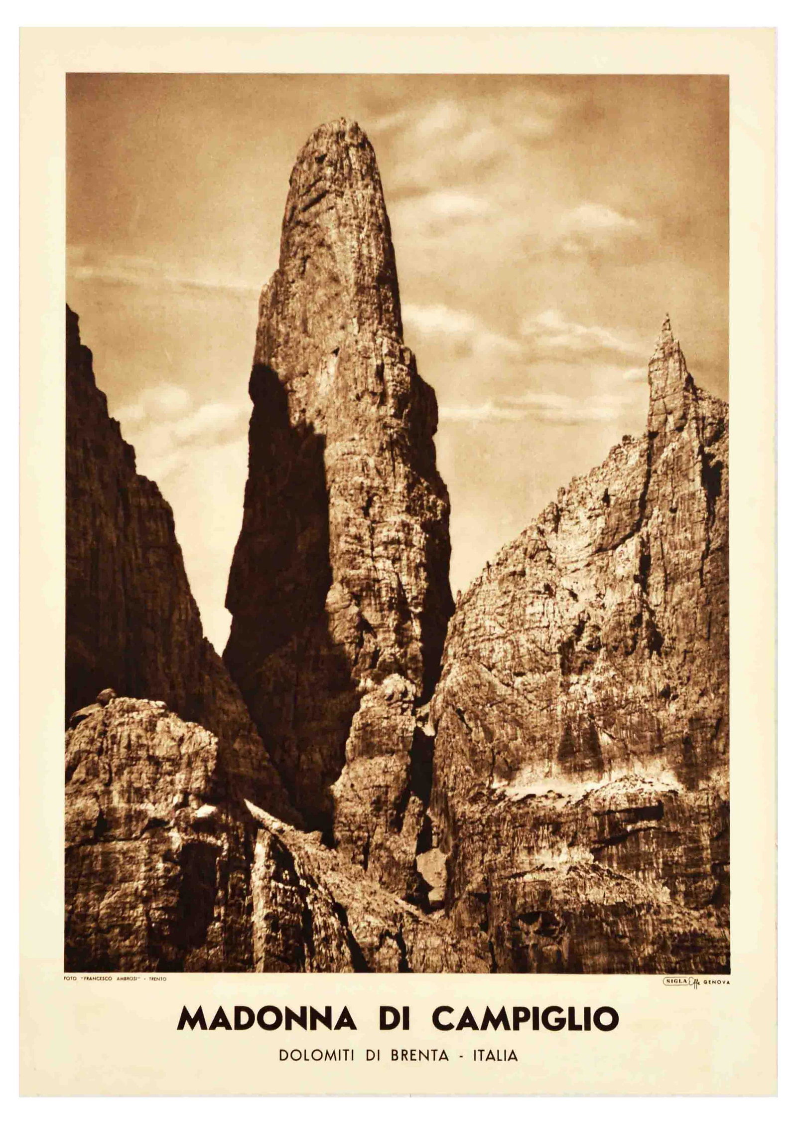 Travel Poster Madonna Di Campiglio Bremta Dolomites Italy: Original vintage travel poster for the Madonna di Campiglio ski resort in northern Italy featuring a black and white photograph showing the Brenta Dolomites Mountain (Dolomiti di Brenta) seen in the s