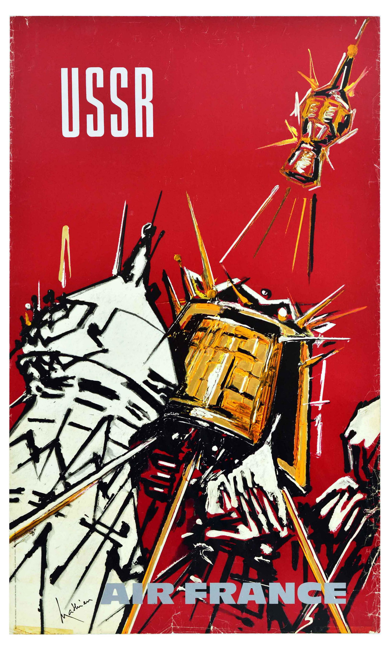 Travel Poster USSR Air France Moscow St Basils Cathedral Mathieu: Original vintage travel poster for USSR by Air France featuring a great illustration by a French abstract painter Georges Mathieu (1921-2012) depicting white and golden shapes similar to Kremlin St Ba