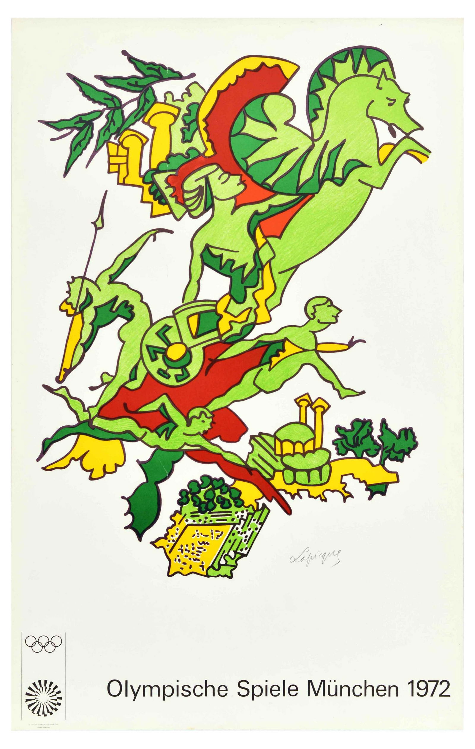 Sport Poster Olympic Games Munich Munchen 1972: Original vintage sport poster promoting the 1972 Summer Olympic Games Munich / Olympische Spiele Munchen in Germany featuring a colourful design by a French artist Charles Lapicque (1898-1988) depicti
