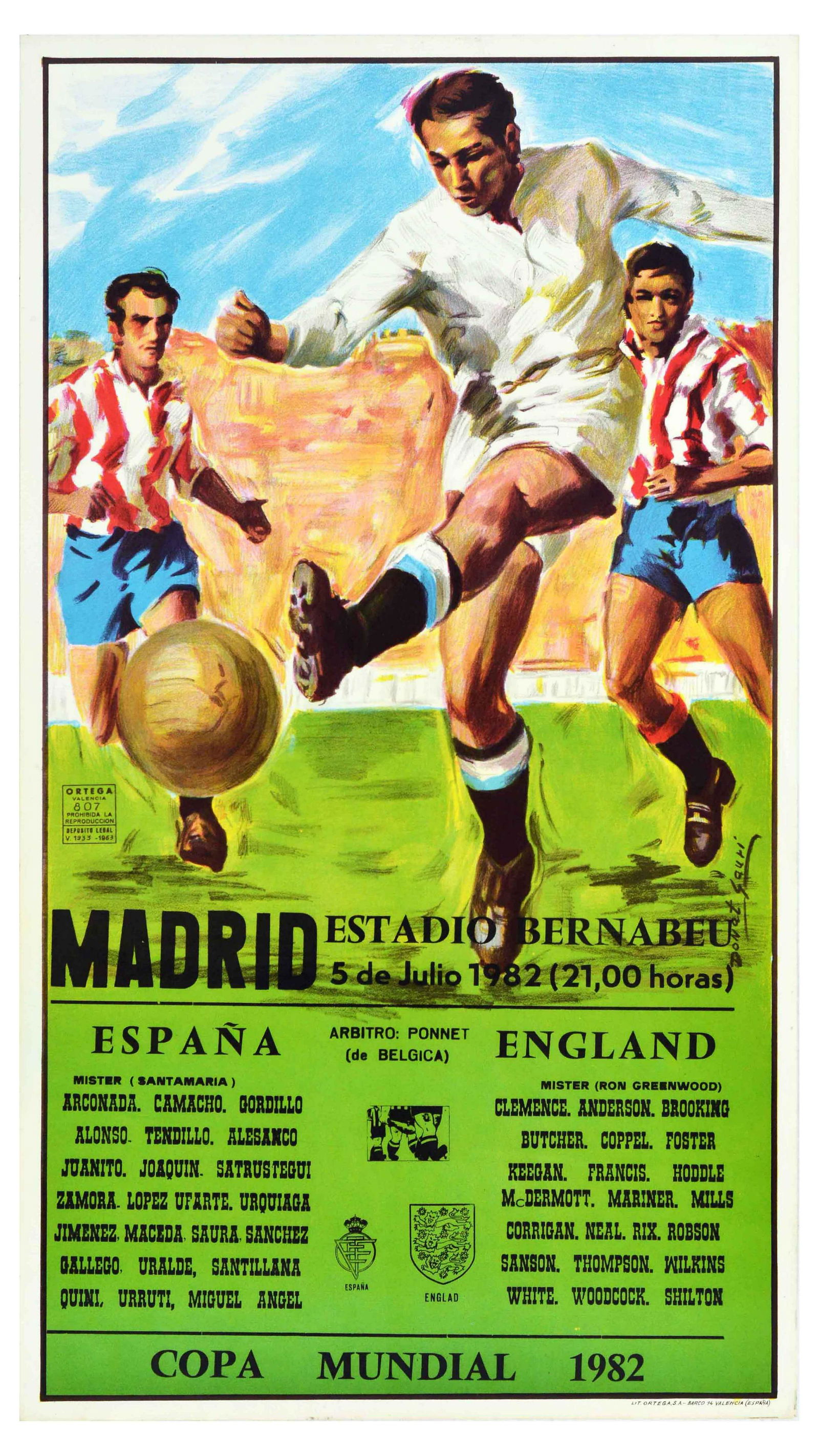 Sport Poster Spain England World Cup Football 1982: Original vintage sport poster for World Cup / Copa Mundial 1982 football game between Spain and England that took place at Madrid Estadio Bernabeu stadium in Madrid on 5 July 1982, the poster features