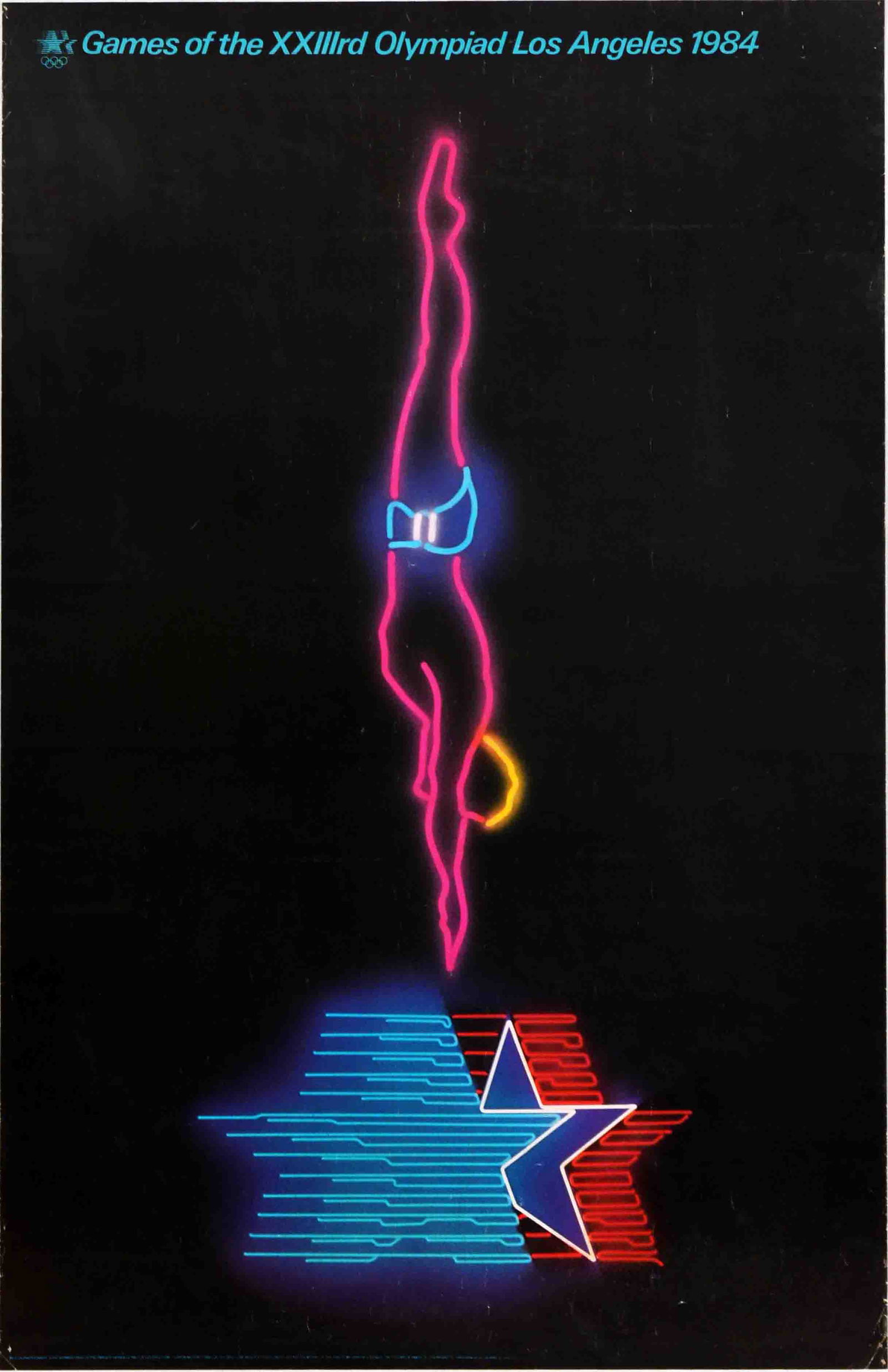 Sport Poster Olympic Games Los Angeles 1984 Neon Diver Diving: Original vintage sport poster for Games of the XXIIIrd Olympiad Los Angeles 1984 featuring an image of a diver in neon pink, yellow, blue and white above the emblem of the Olympics set over black back