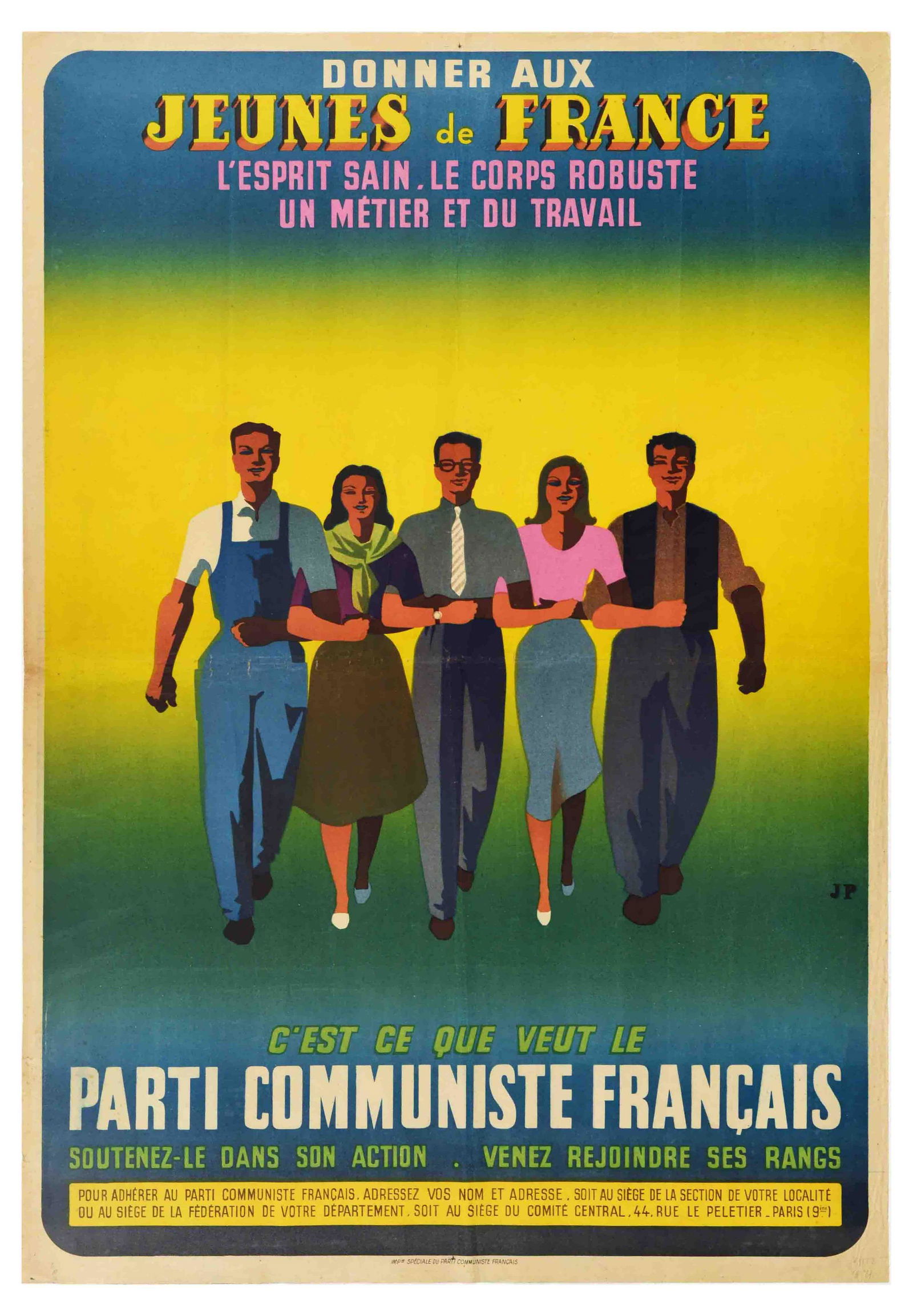 Propaganda Poster French Communist Party Parti Communiste Francais: Original vintage French Communist propaganda poster featuring an illustration of young men and women walking hand in hand towards the viewer, the text reads - Giving the young people of France a healt