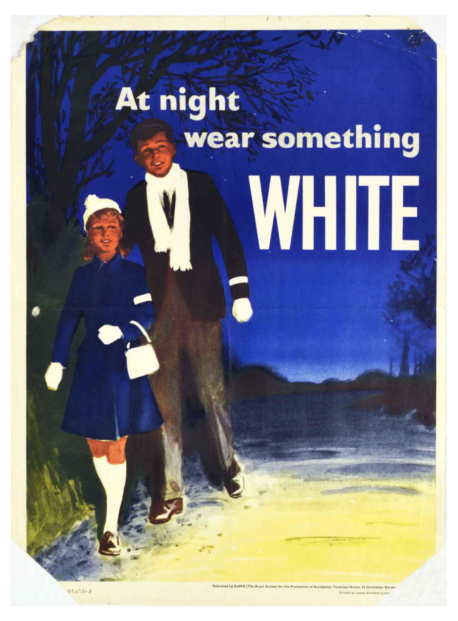 Propaganda Poster At Night Wear Something White ROSPA Accident: Original vintage safety poster published by the Royal Society for the Prevention of Accidents ROSPA â€“ At night wear something white â€“ featuring an illustration of a young lady and gentle