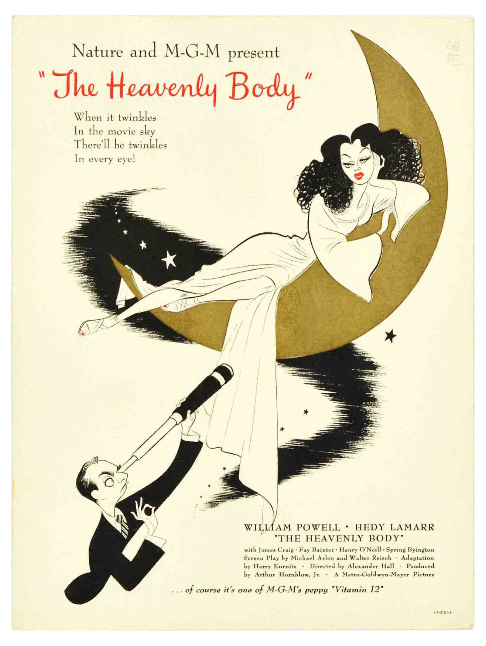Movie Poster Heavenly Body Al Hirschfeld William Powell Hedy Lamarr MGM Comedy Romance: Original vintage trade advertising double-sided movie poster for The Heavenly Body, a 1944 American romantic comedy directed by Alexander Hall and Vincente Minnelli, starring William Powell and Hedy L