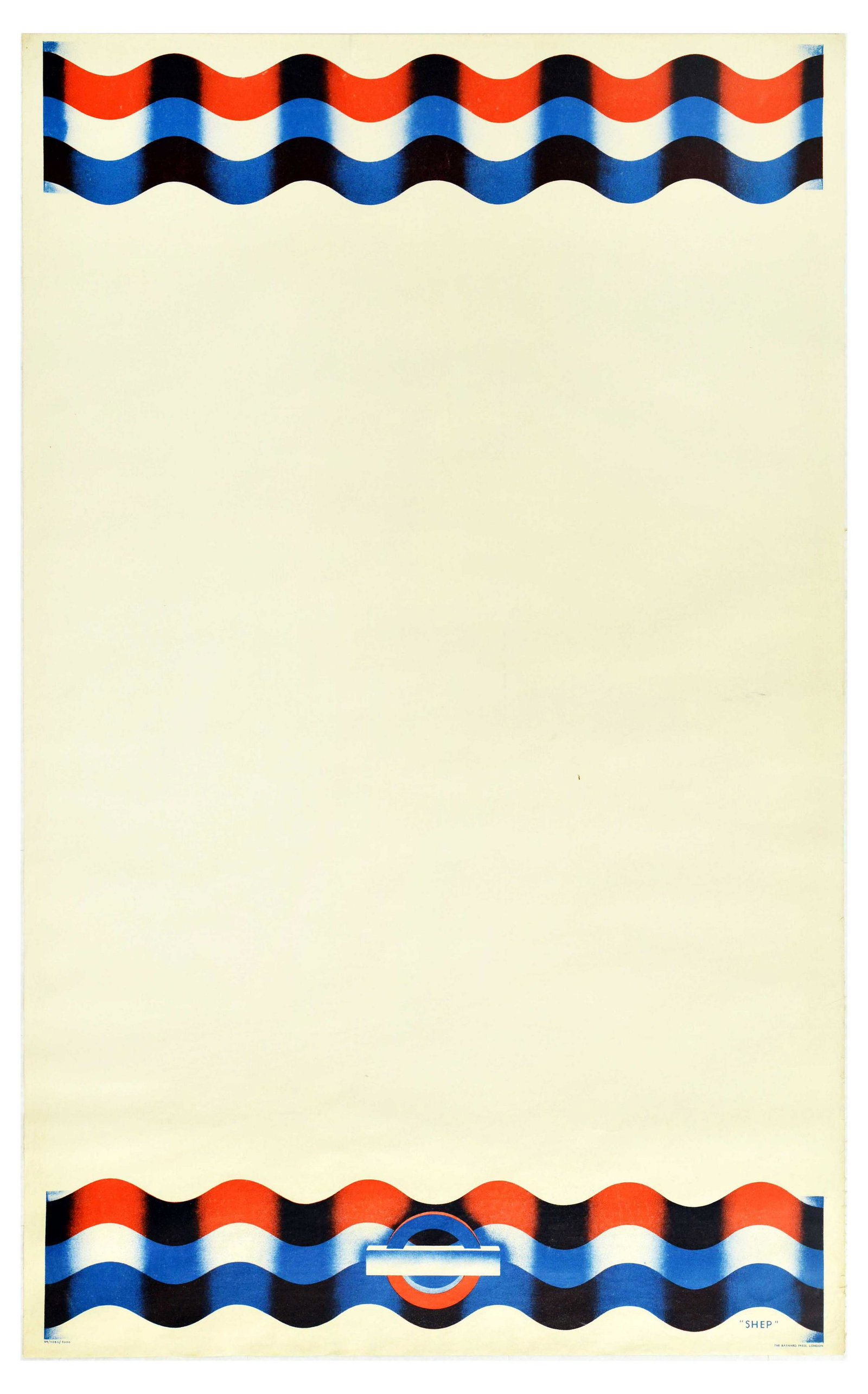 London Underground Poster Charles Shepard Announcement Ribbon Panel Blank Charles Shepard: Original vintage travel advertising poster for London Transport featuring design by Charles Shepard (1844-1924; 'Shep') of blank space in the centre of the poster framed with the red, white and blue f
