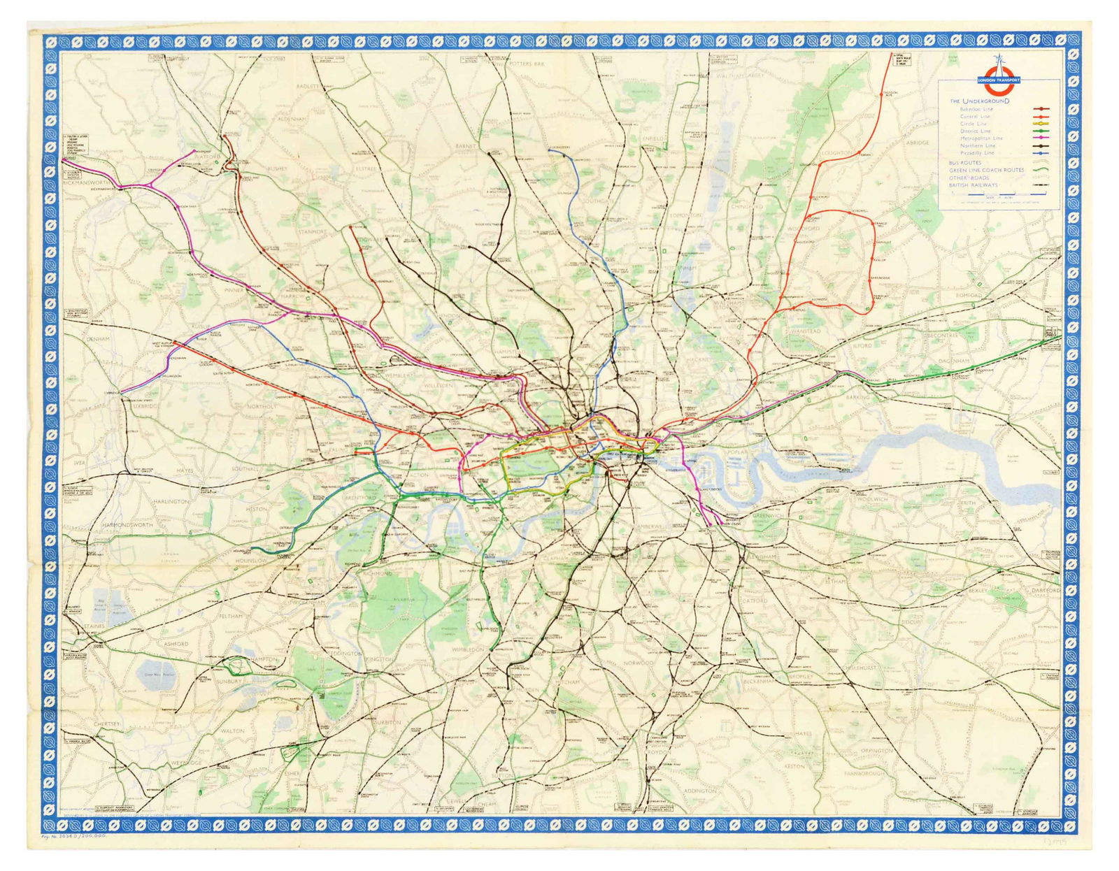 London Underground Poster London Transport Visitors London Map: Original vintage London Transport travel poster Visitor's London featuring information on the underground, bus roads, green line coach roads, British railways, and places of interest, the front of the
