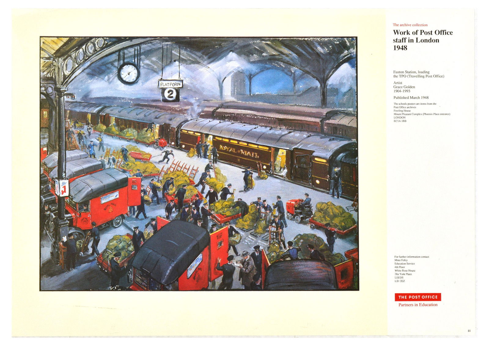 Advertising Poster Post Office Euston Station Royal Mail: Original vintage advertising poster - Work of Post Office staff in London 1948 - Euston Station, loading the TPO (Travelling Post Office) featuring an artwork by Grace Golden (1904-1993) depicting wor
