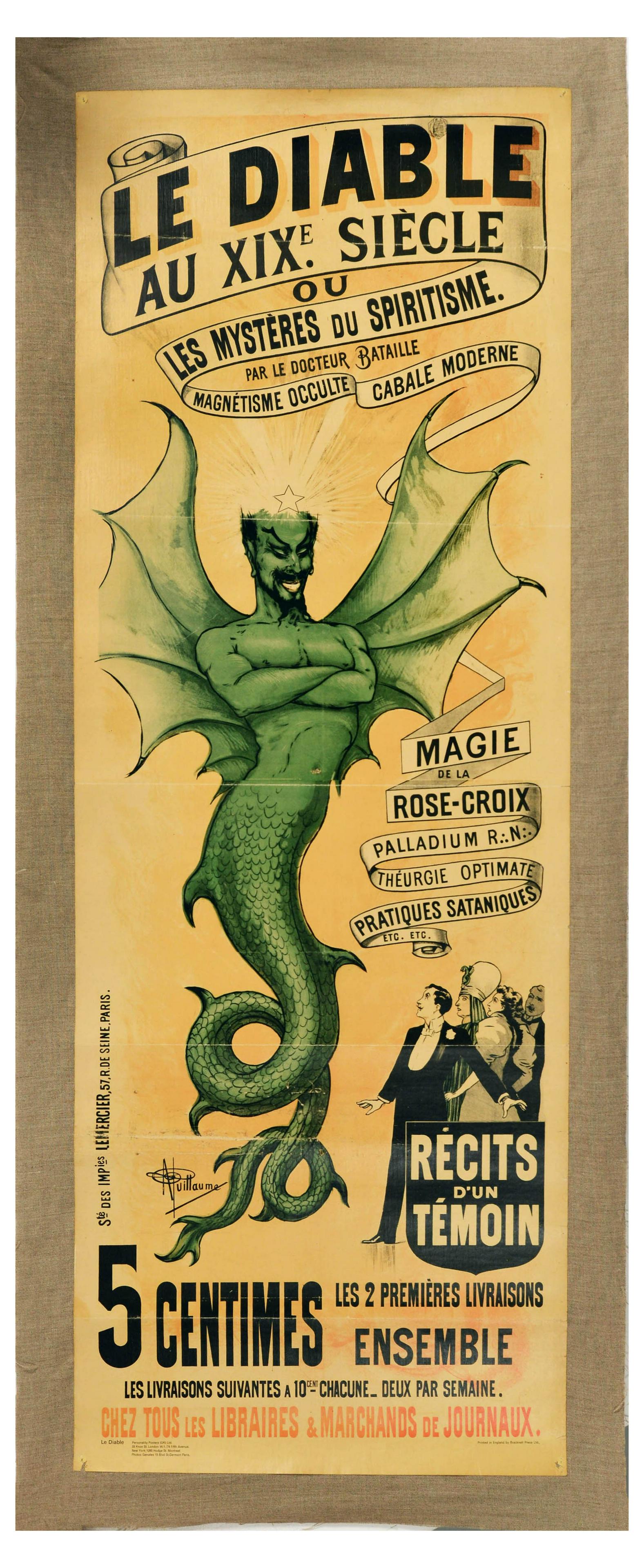 Advertising Poster Le Diable Devil Spiritism Occult Cabala Satanism: Vintage reproduction of an antique advertising poster for Le Diable au XIXe Siecle / The Devil in the 19th Century magazine, featuring illustration by Albert Guillaume (1873-1942) depicting a startled