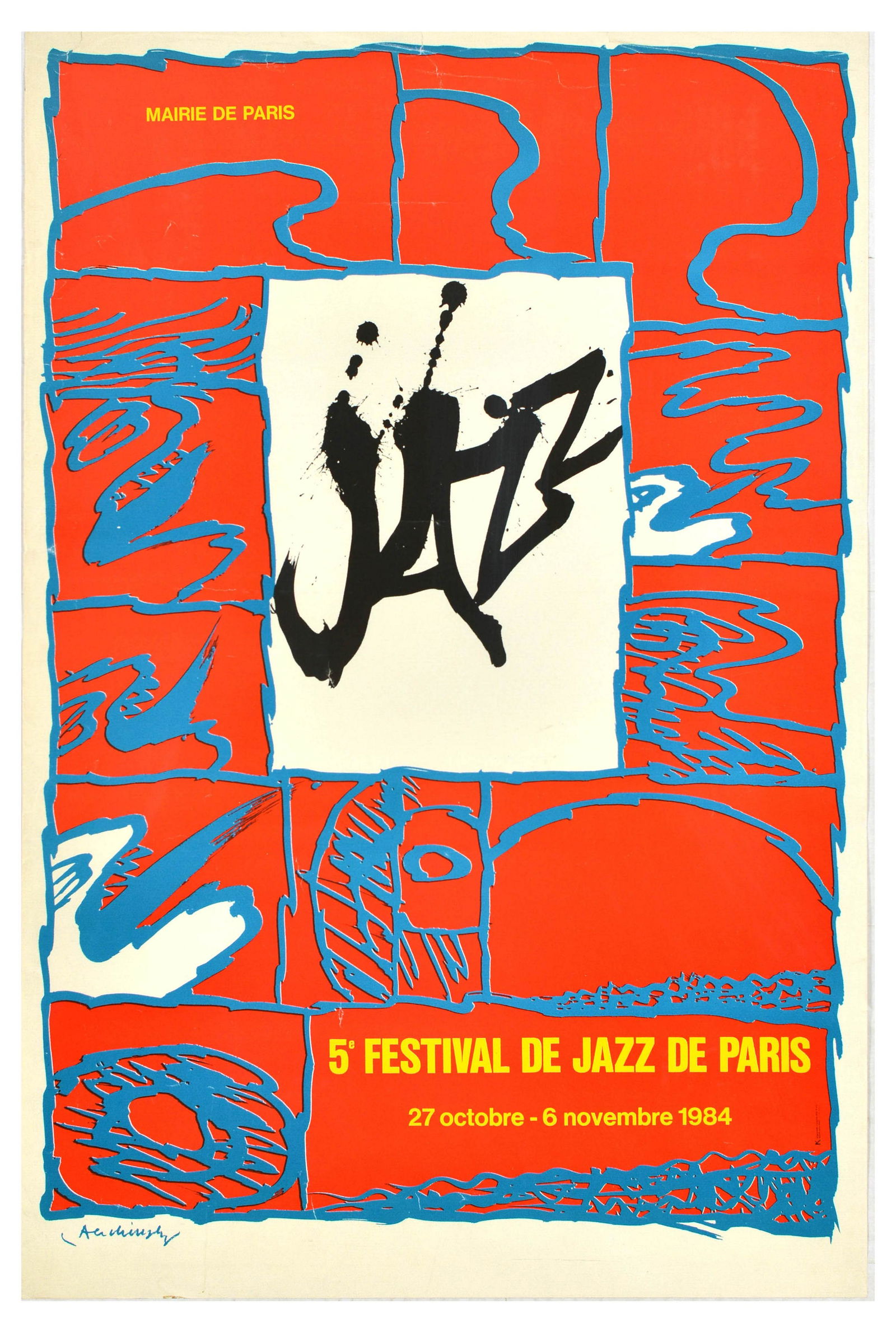 Advertising Poster Jazz Festival Paris Alechinsky France: Original vintage advertising poster for 5th Paris Jazz Festival / 5e Festival de Jazz de Paris that took place 27 October - 6 November 1984, featuring bold and bright illustration in red, blue and whi
