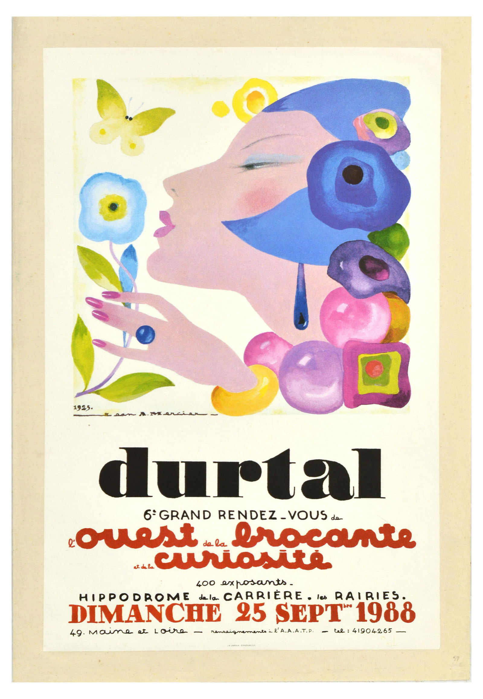 Advertising Poster Durtal Rendez Vous Marcier: Vintage advertising poster for Durtal 6th Grand rendez-vous de l'Ouest de la Brocante et de la Curisite 400 exhibitors racetrack of the quarry at the Rairies Sunday 25 September 1988, featuring colour
