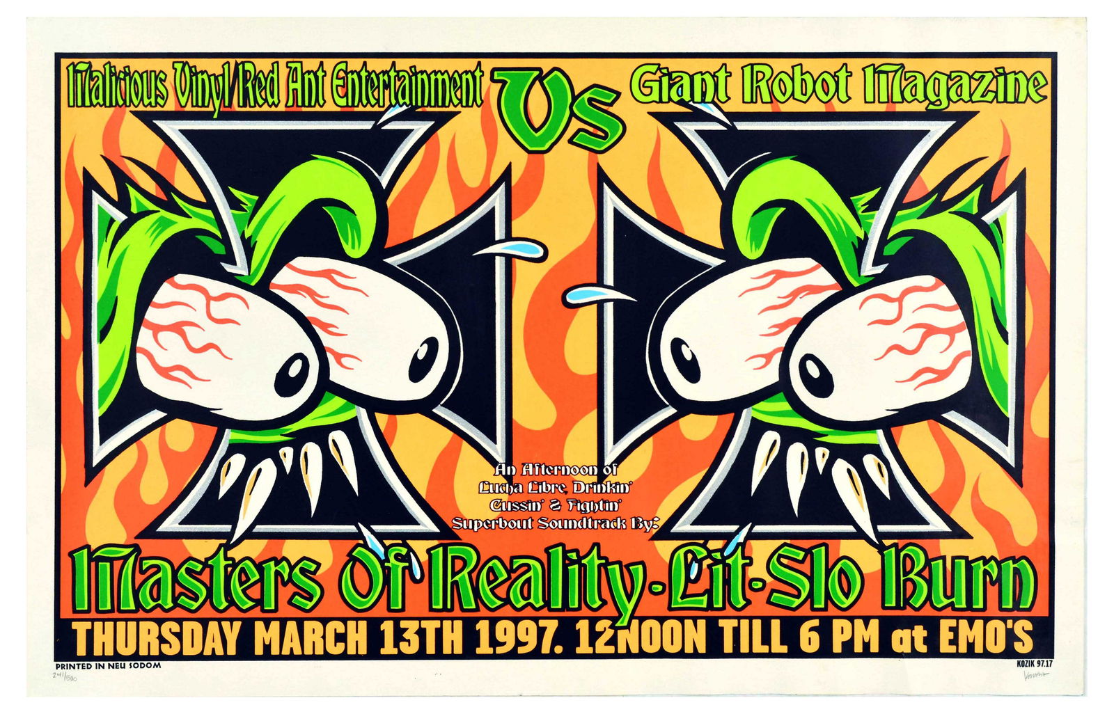 Advertising Poster Masters of Reality Frank Kozik Lit Slo Burn Music Concert: Original artist signed limited edition (our poster is 241 out of 500) poster designed by Frank Kozik for Malicious Vinyl / Red Ant Entertainment vs Giant Robot Magazine by Masters of Reality Lit Slo B