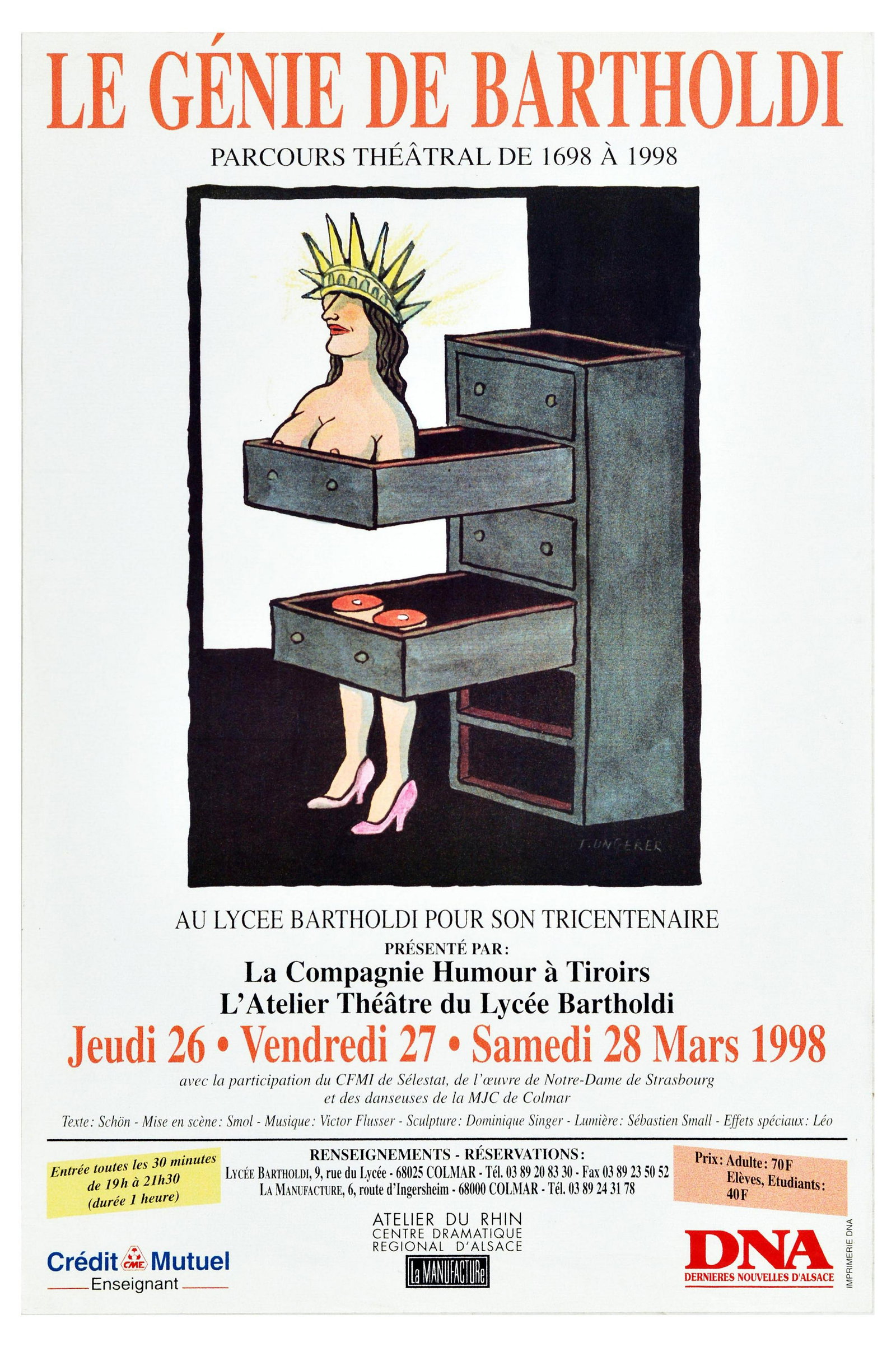 Advertising Poster Le Genie De Bartholdi Tomi Ungerer: Original vintage advertising poster for La Genie de Bartholdi theatrical journey from 1698 to 1998 presented by La Compagnie Humor a Tiroirs the Atelier Theater du Lycee Bartholdi, featuring an illust