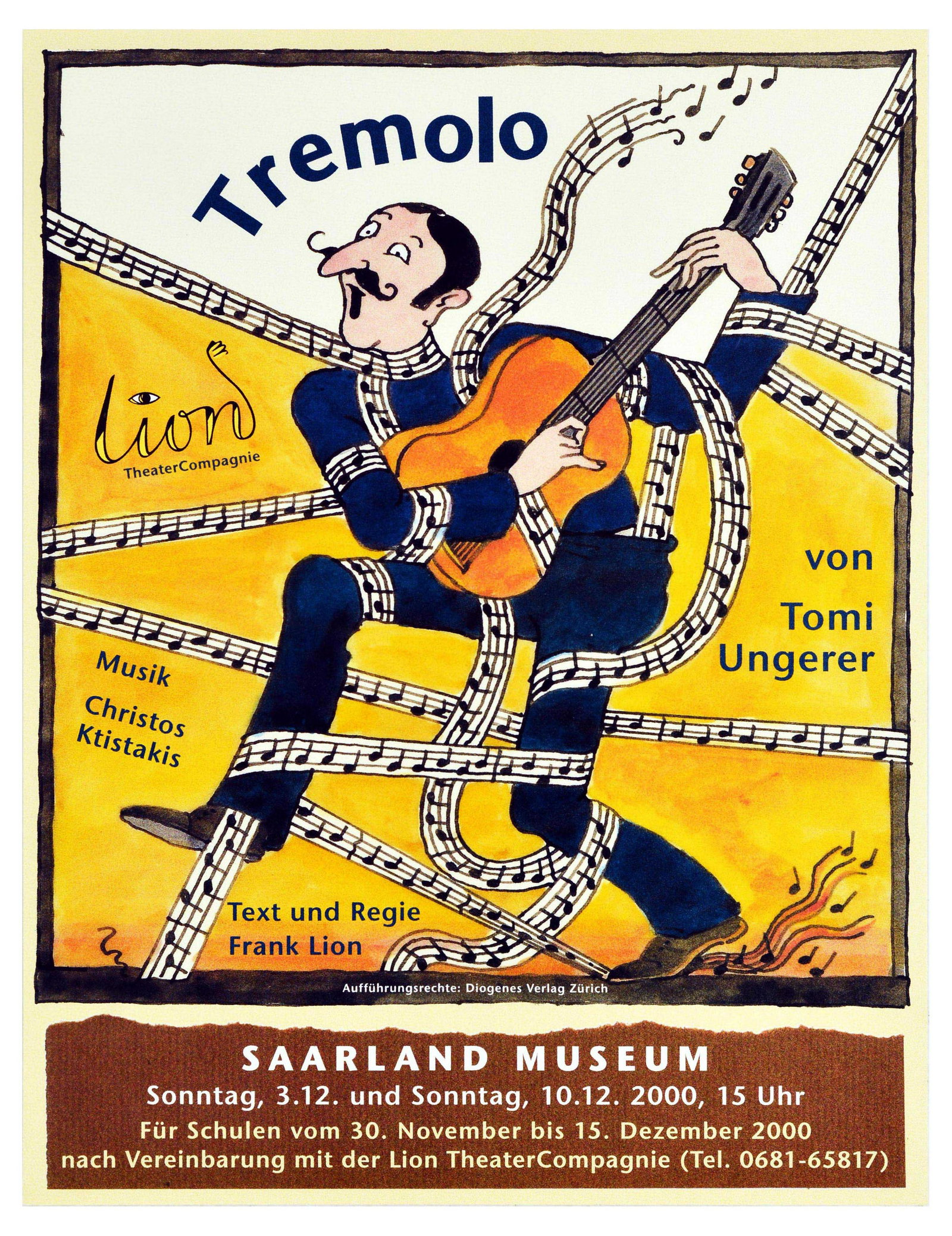 Advertising Poster Tremolo Tomi Ungerer Theatre Show: Original vintage advertising poster for Tremolo with Tomi Ungerer (1931-2019) an Alsatian artist and writer, music by Christos Ktistakis, text and direction by Frank Lion, at Saarland Museum, the post