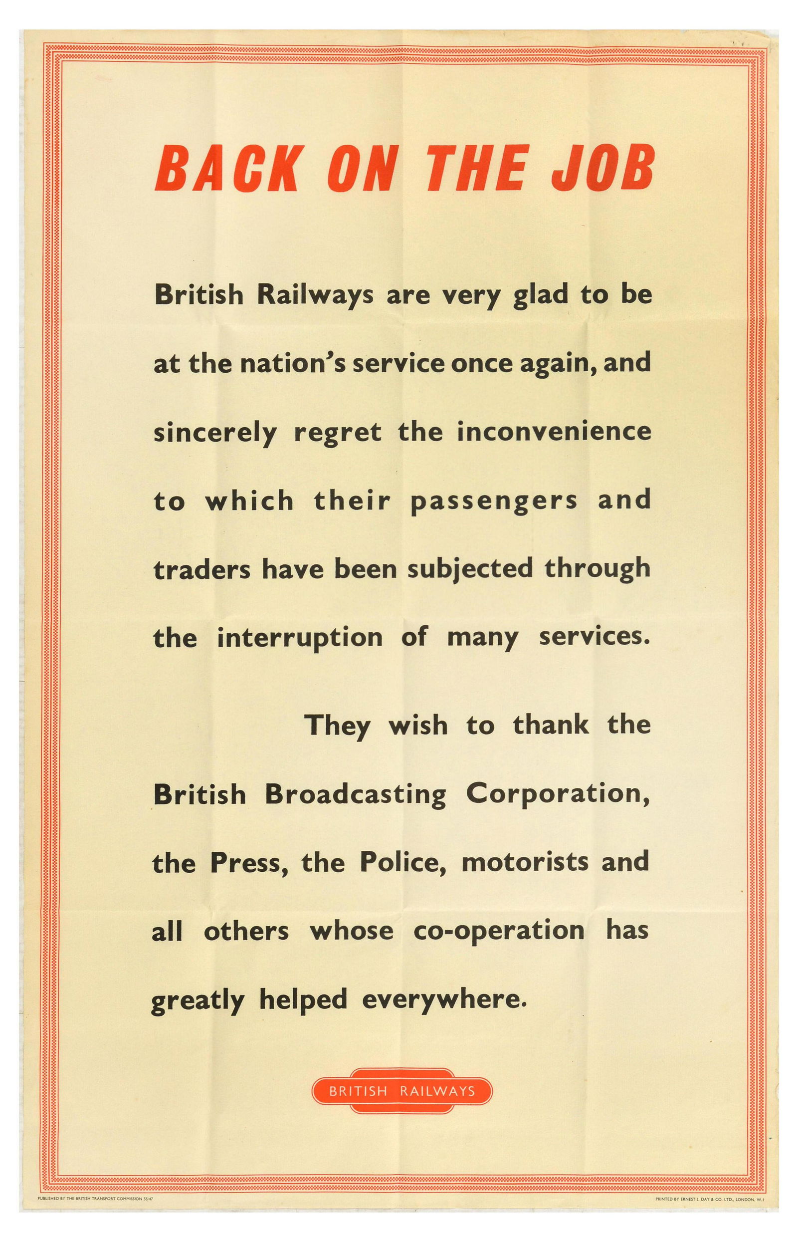 Travel Poster British Railways Back On The Job WWII: Original vintage British Railways travel poster - Back on the Job. British Railways are very glad to be at the nationâ€™s service once again, and sincerely regret the inconvenience to which their