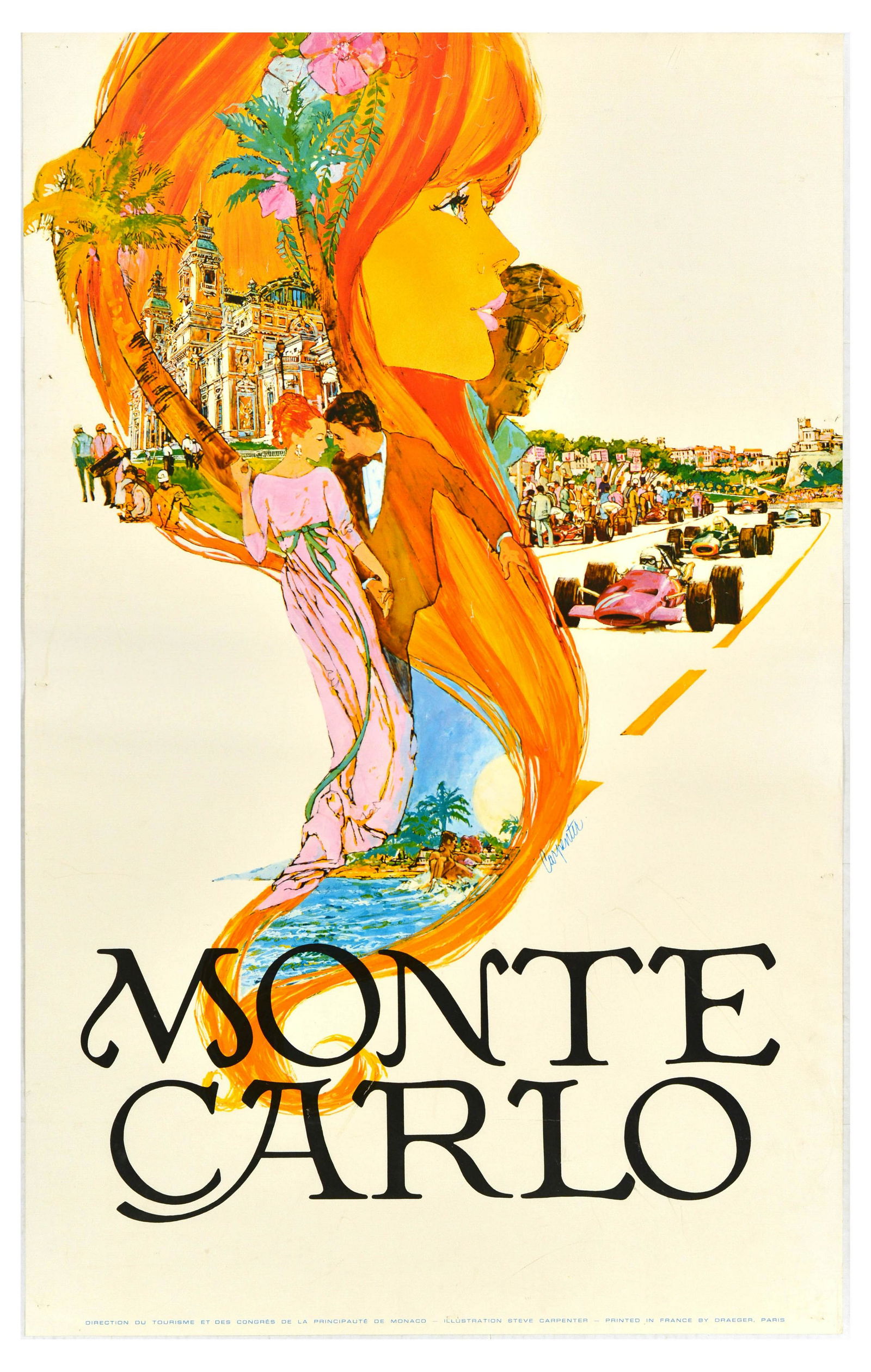 Travel Poster Monte Carlo Formula One Grand Prix Casino F1 Carpenter: Original vintage travel poster promoting Monte Carlo. Great colourful image of a young couple with the background showing the Grand Casino and Formula One race. Printed in France by Draeger. Published