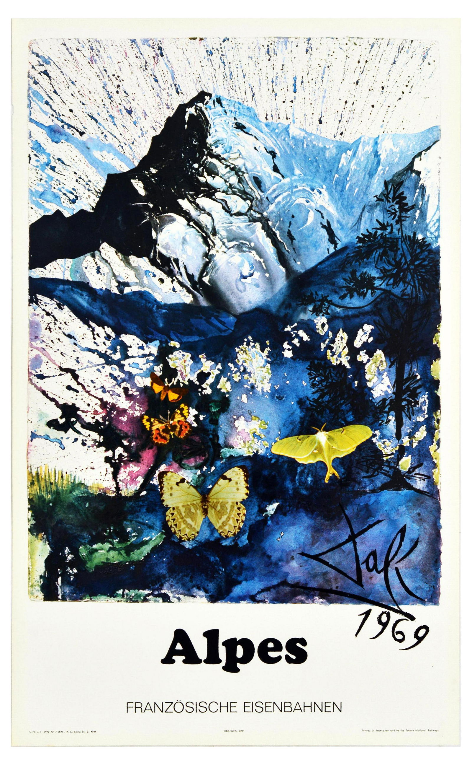 Travel Poster Alpes Salvador Salvador Dali SNCF Railway: Original vintage travel poster advertising the French Alps featuring snow topped mountains with butterflies in the foreground designed by the renowned surrealist artist Salvador Dali (1904-1989) for t
