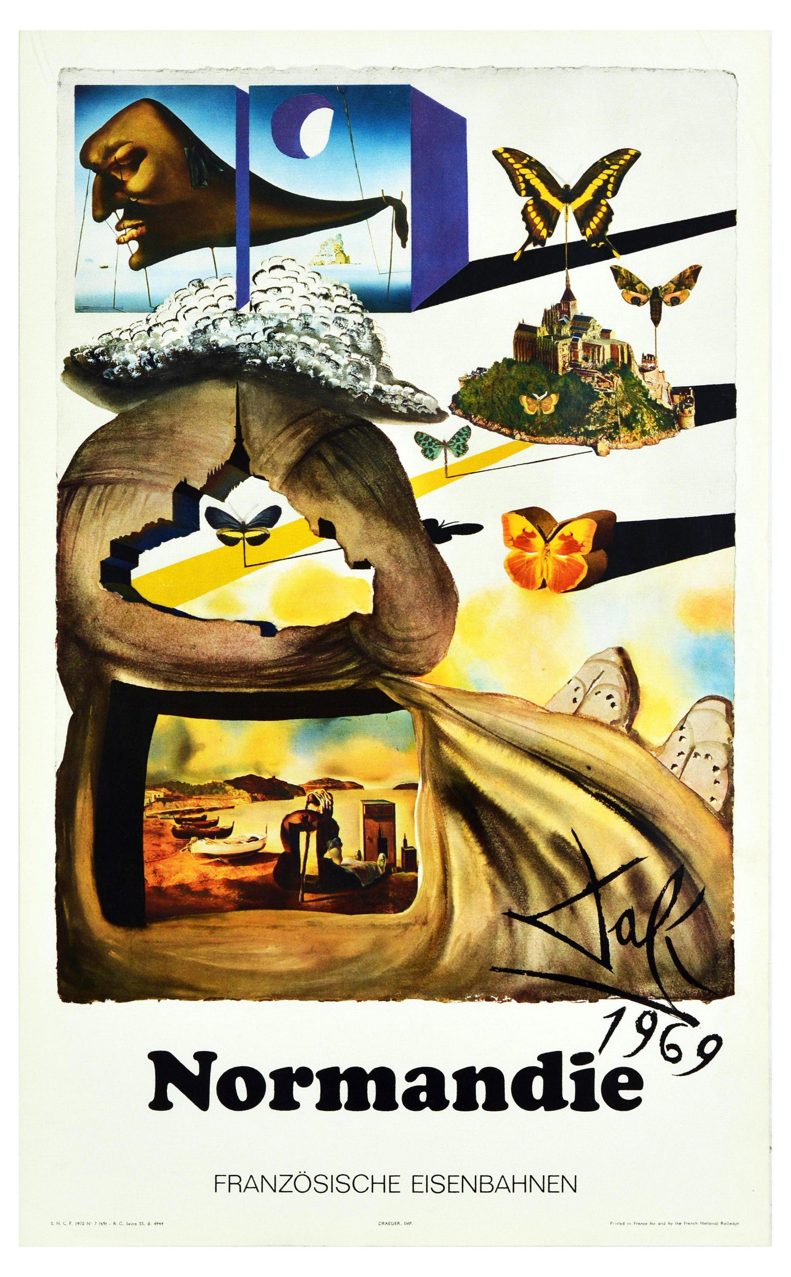 Travel Poster Normandie Salvador Dali SNCF Railway German: Original vintage travel poster advertising Normandy featuring iconic butterflies and buildings with boats on a sandy beach and other images designed by the renowned surrealist artist Salvador Dali (19