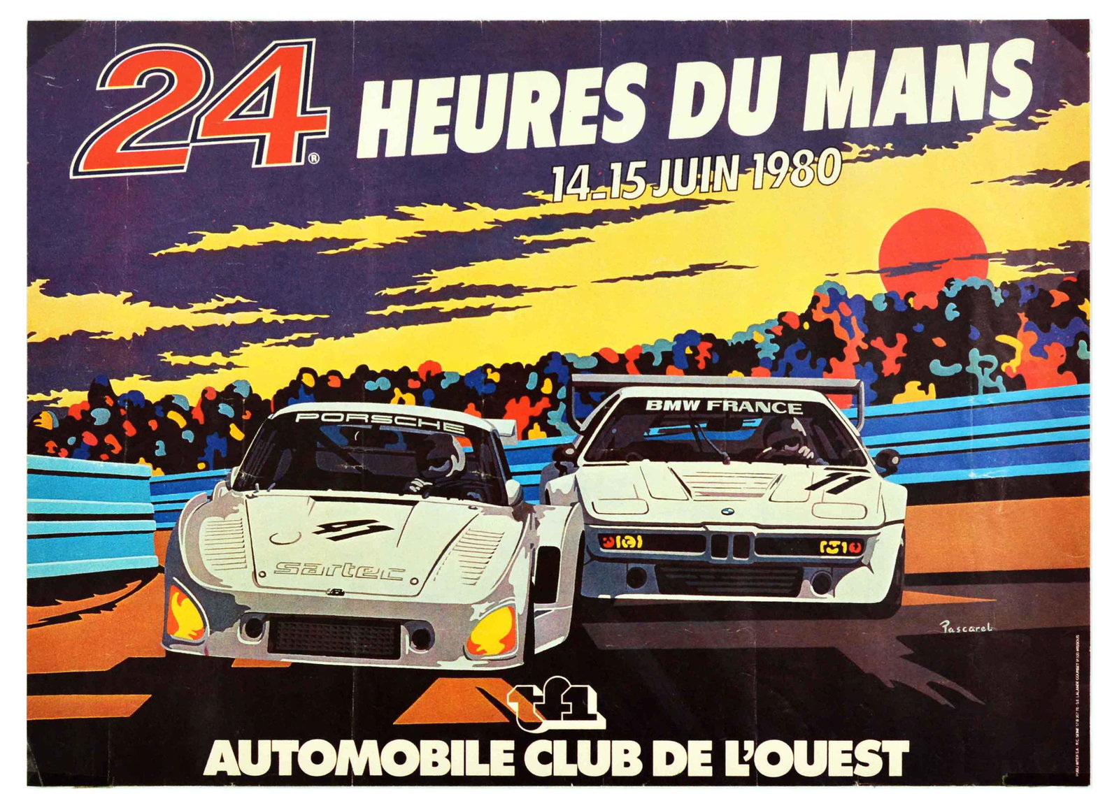 Sport Poster 24 Heures Du Mans Car Racing BMW Porsche: Original vintage motorsport poster for the 24 Heures du Mans / 24 Hours of Le Mans on 14-15 June 1980 featuring the text in bold white lettering above an illustration of Porsche and BMW France sports 