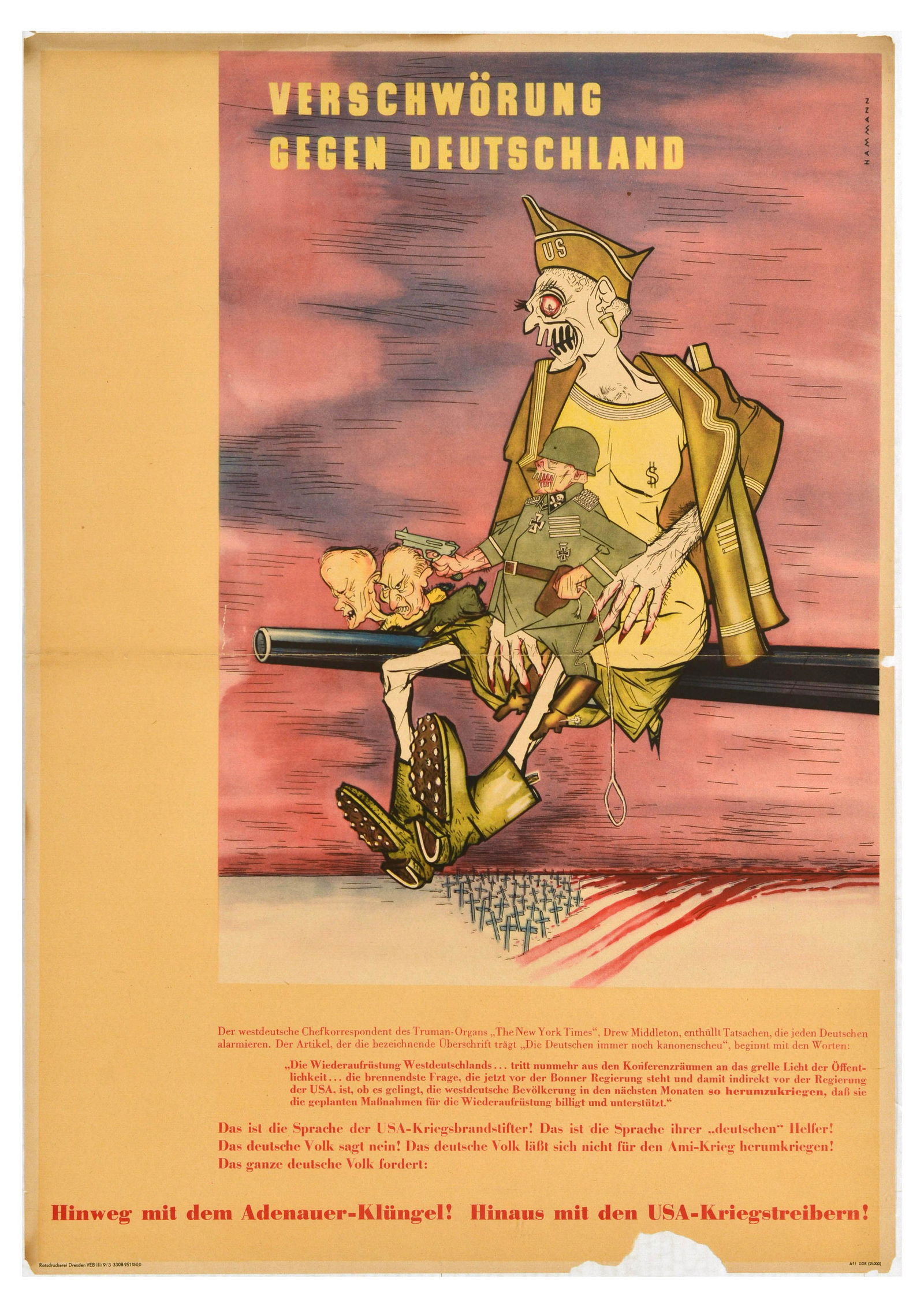 Propaganda Poster Conspiracy Against Germany USA DDR Cold War: Original vintage East German propaganda poster - Conspiracy Against Germany / Verschworung Gegen Deutschland - the grotesque caricature depicts a person in US soldierâ€™s uniform with wild eyes,