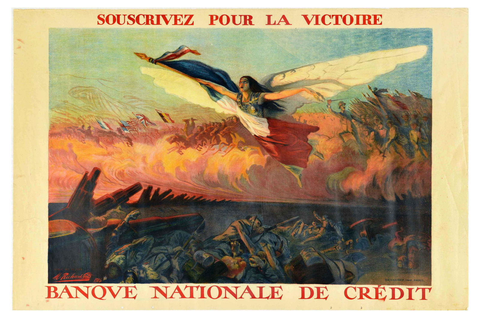War Poster Emprunt Banque Nationale De Credit WWI War Loan: Original antique World War One propaganda poster inviting to buy war bonds - Souscrivez pour la Victoire. Banque Nationale de Credit / Subscribe for Victory. National Credit Bank - featuring a winged
