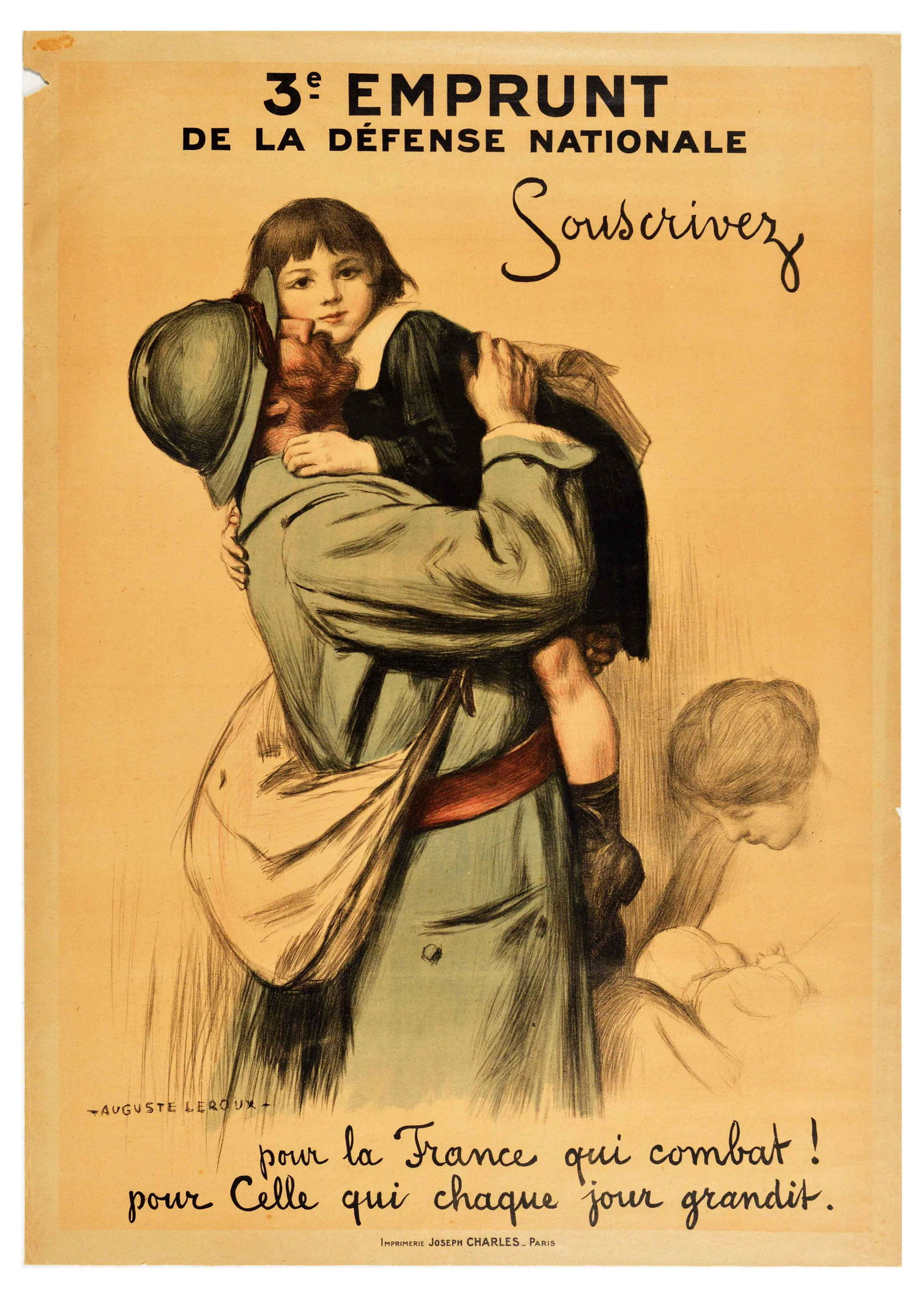 War Poster Emprunt WWI War Loan Soldier Children: Original antique World War One propaganda poster inviting to buy war bonds - 3e Emprunt de la Defense Nationale. Souscrivez pour la France qui combat! Pour Celle qui chaque jour grandit. / 3rd Nationa