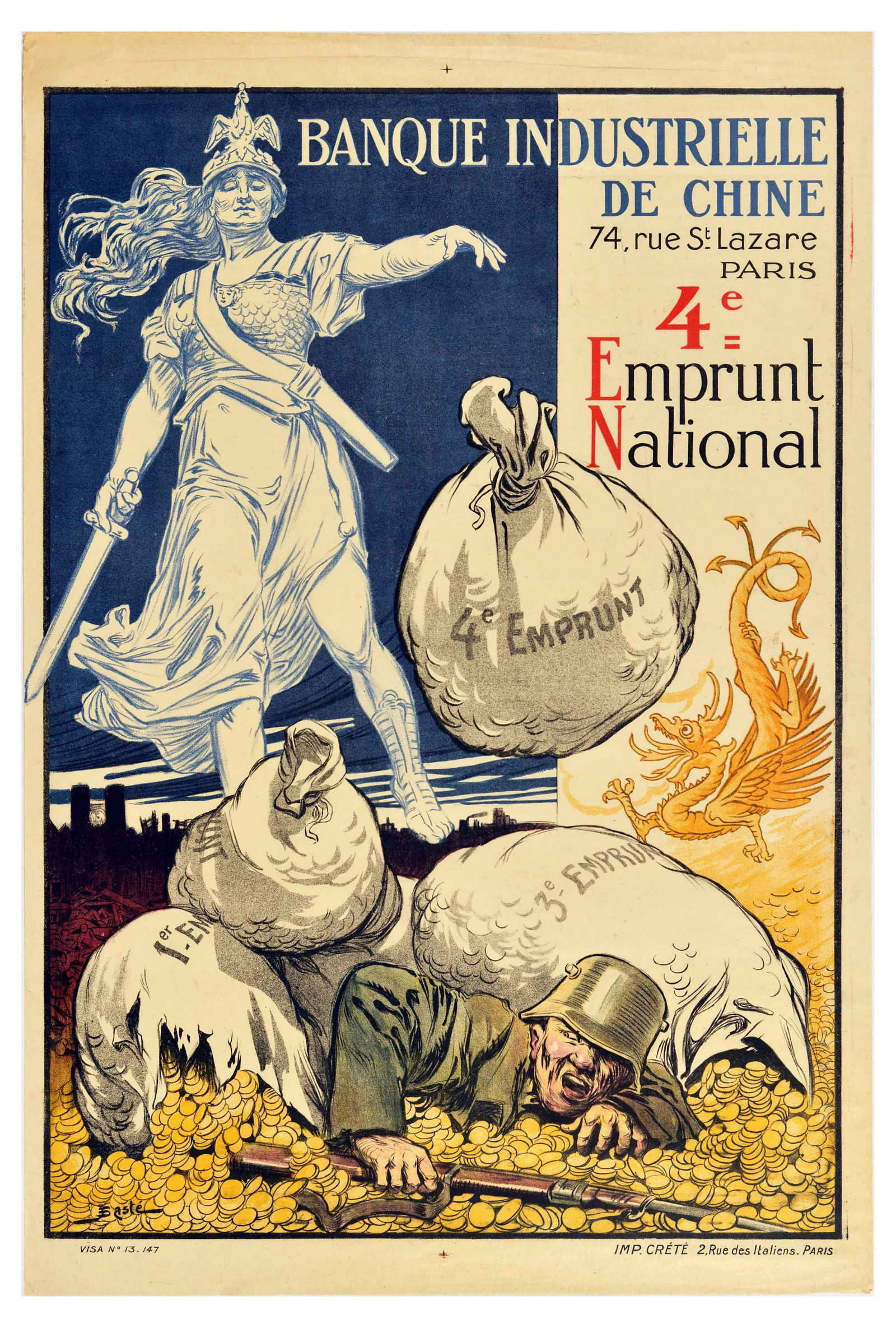 War Poster Banque Industrielle De Chine WWI Emprunt War Loan: Original antique World War One propaganda poster inviting to buy war bonds - Banque Industrielle de Chine 4e Emprunt National / Industrial Bank of China 4th National Loan, featuring a bold illustratio