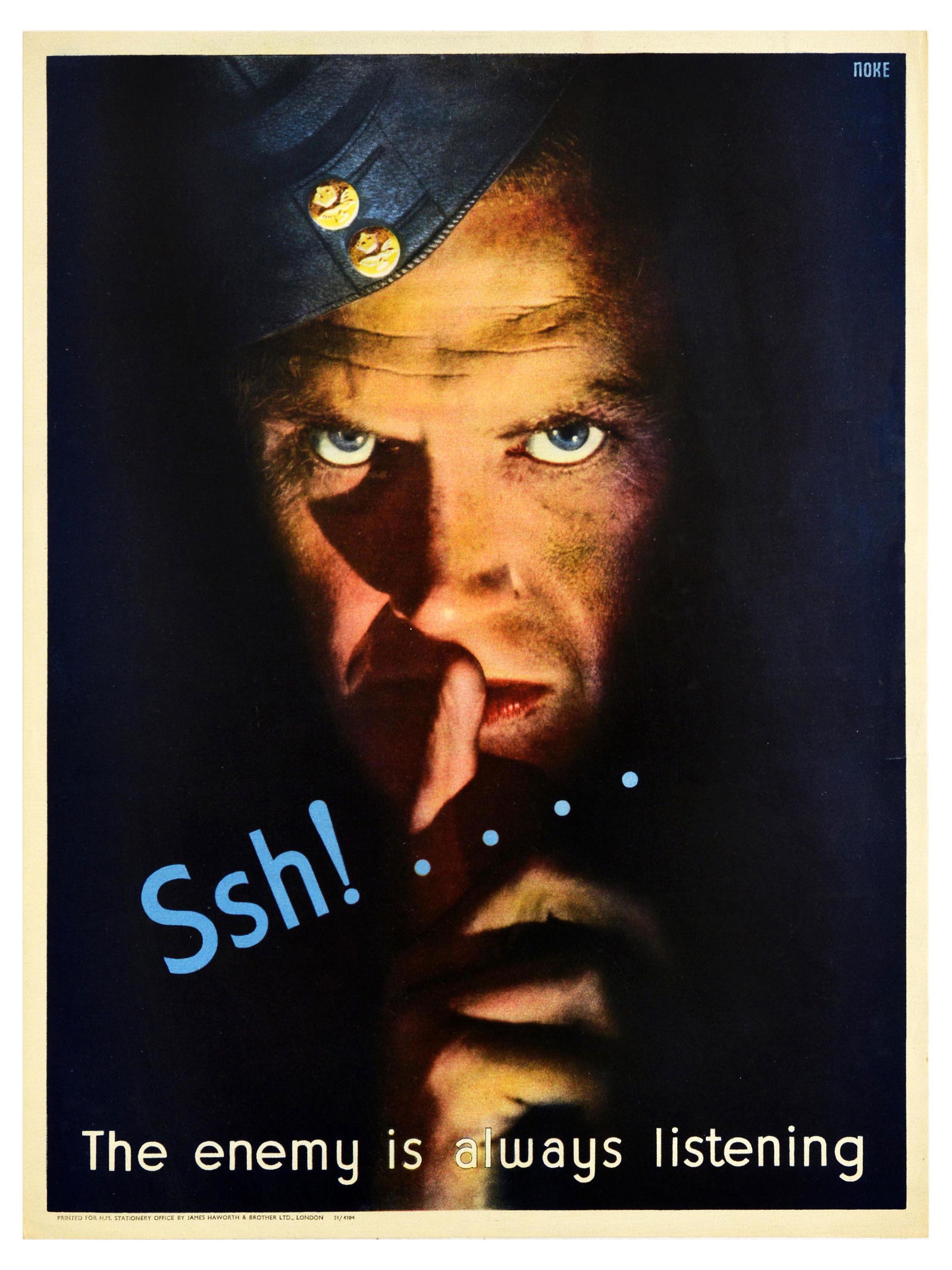 War Poster Enemy Is Always Listening Careless Talk WWII UK: Original vintage World War Two poster - Ssh! The Enemy Is Always Listening - featuring a dynamic image showing a man in military uniform looking at the viewer with a warning about careless talk and ke