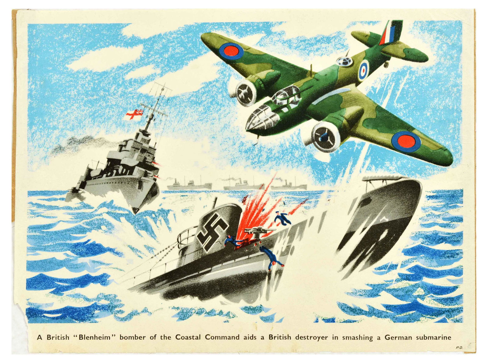 War Poster British Blenheim Bomber German Nazi Submarine WWII: Original vintage World War Two poster - A British Blenheim bomber of the Coastal Command aids a British destroyer in smashing a German submarine - a dynamic image depicting a marine battle with Nazi G