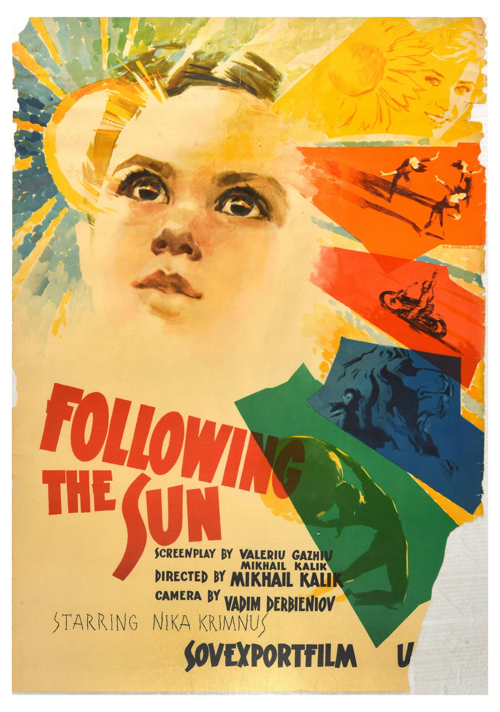 Film Poster Following The Sun Sovexportfilm: Original vintage movie poster for the 1961 Soviet drama film Following the Sun / Chelovek idyot za solntsem, starring Nika Krimnus, directed by Mikhail Kalik, featuring an illustration of a little boy