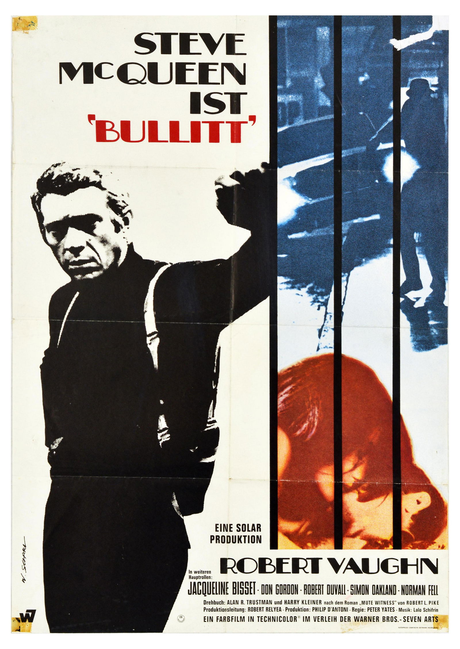 Film Poster Bullitt Steve McQueen: Original vintage movie poster for Bullitt, a 1968 American neo-noir action thriller directed by Peter Yates, starring Steve McQueen, Jacqueline Bisset, Don Gordon, Robert Duvall, Simon Oakland, and No