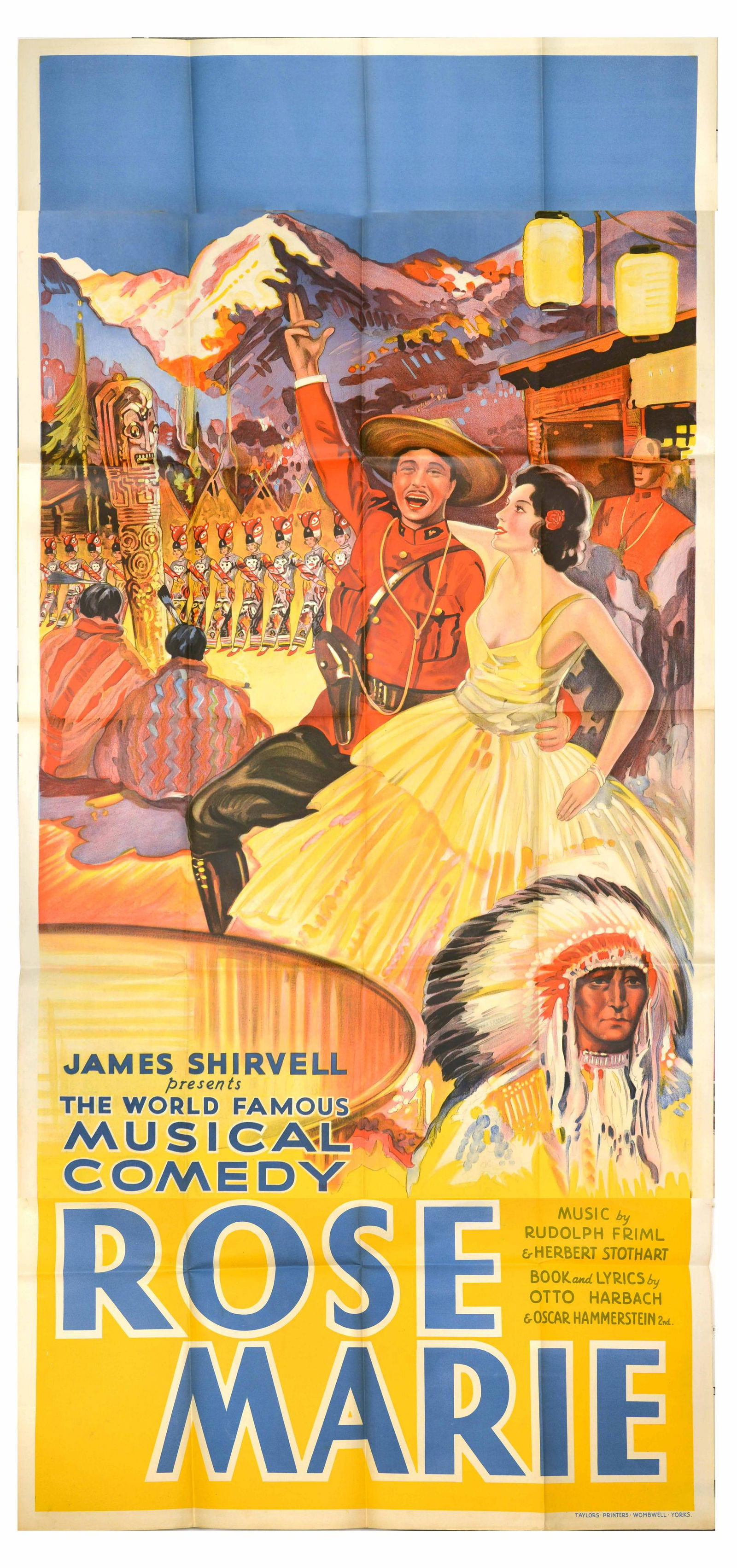 Advertising Poster Rose Marie Musical Comedy Canada Mounted Police: Original vintage advertising poster for Rose Marie a musical comedy presented by James Shirvell, music by Rudolph Friml ad Herbert Stothart, book and lyrics by Otto Harbach and Oscar Hammerstein. The