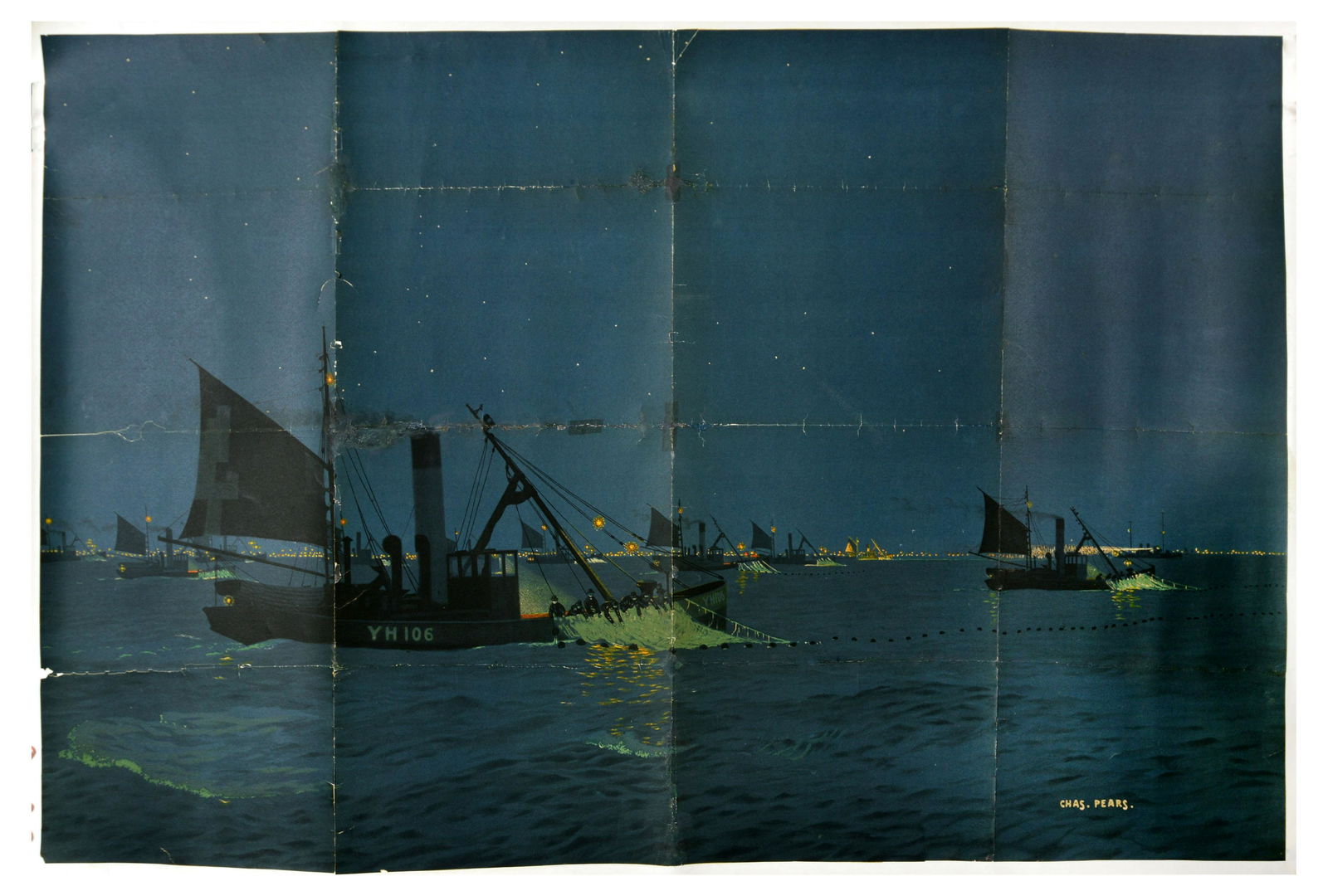 Advertising Poster Chas Pears Fishing Trawler Fisherman Night Sea: Original vintage advertising poster by Charles Pears (1873-1958) depicting a night scene of fishing trawlers and fishermen pulling in nets at sea. Poor condition, folds, repaired tears, creasing, stai