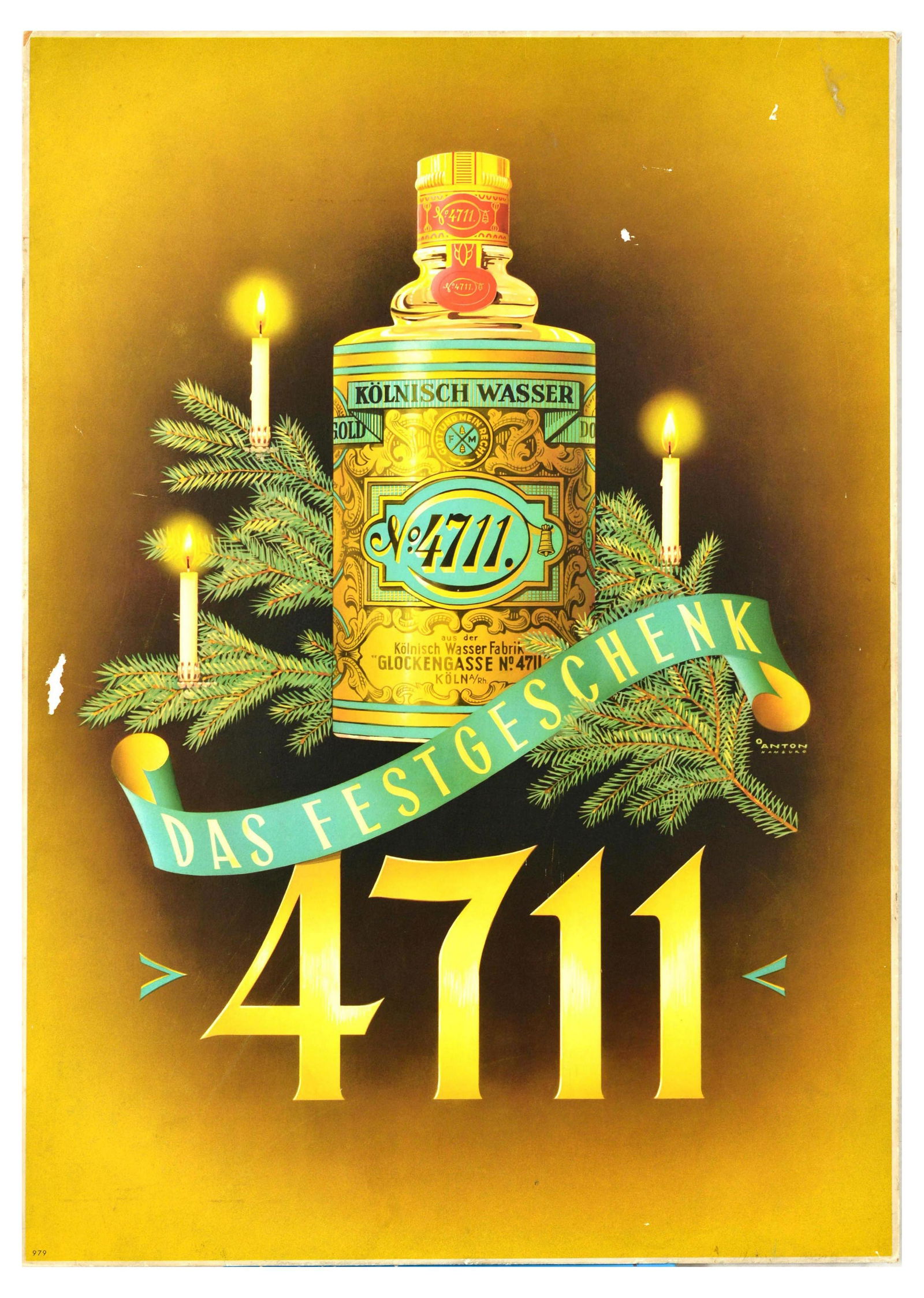 Advertising Poster Eau De Cologne 4711 Kolnisch Wasser Art Deco Germany: Original vintage advertising poster for the world famous 4711 Echt Kolnisch Wasser Weltberuhmt featuring an illustration of a colourful German Eau de Cologne bottle - aus der Kolnisch Wasser Fabrik Gl