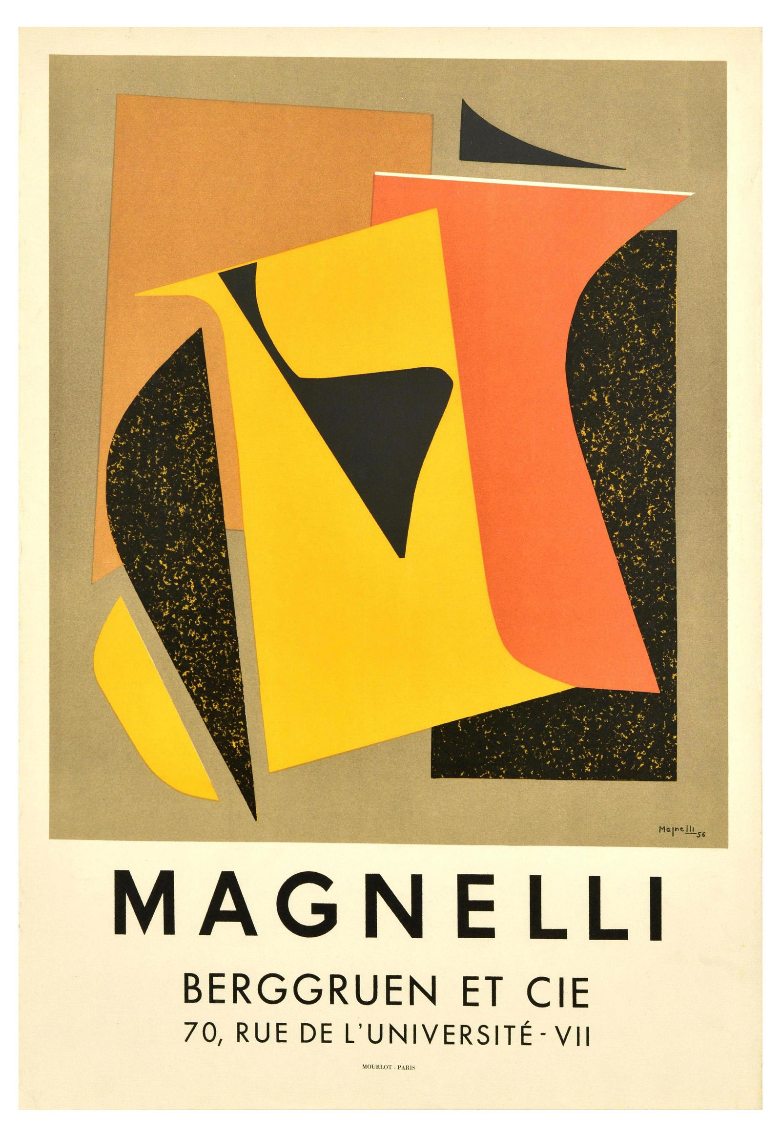 Advertising Poster Magnelli Berggruen Abstract Art Exhibition: Original vintage advertising poster for Magnelli exhibition at Berggruen et cie featuring an abstract artwork in yellow, orange, black and brown shapes. Alberto Magnelli (1888-1971) was an Italian mod
