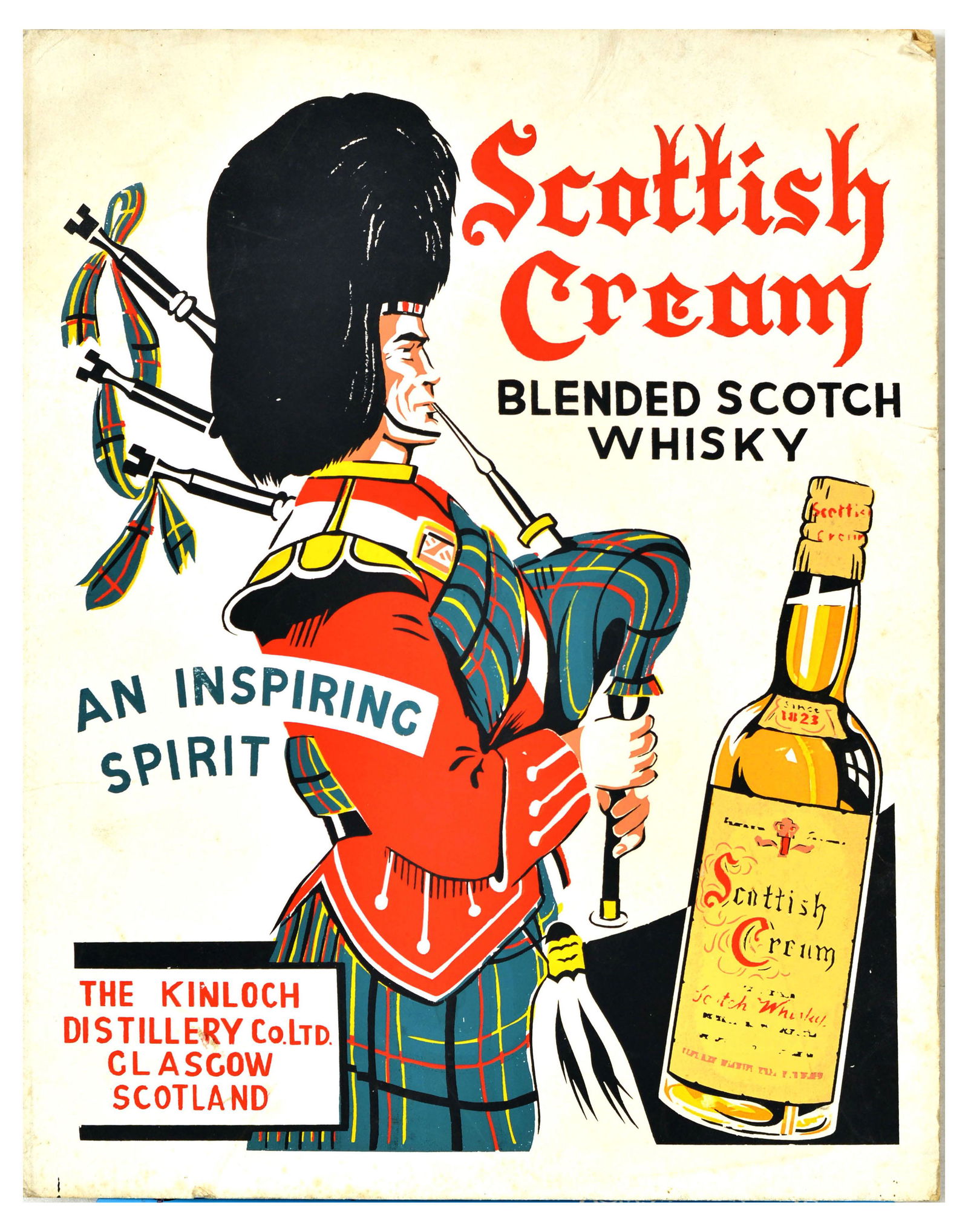 Advertising Poster Scottish Cream Scotch Whisky Kinloch Distillery Glasgow Scotland Bagpipe: Original vintage advertising poster for Scottish Cream Blended Scotch Whisky from the Kinloch Distillery Glasgow Scotland, featuring an image of a bagpiper and the bottle of alcohol set over a light b