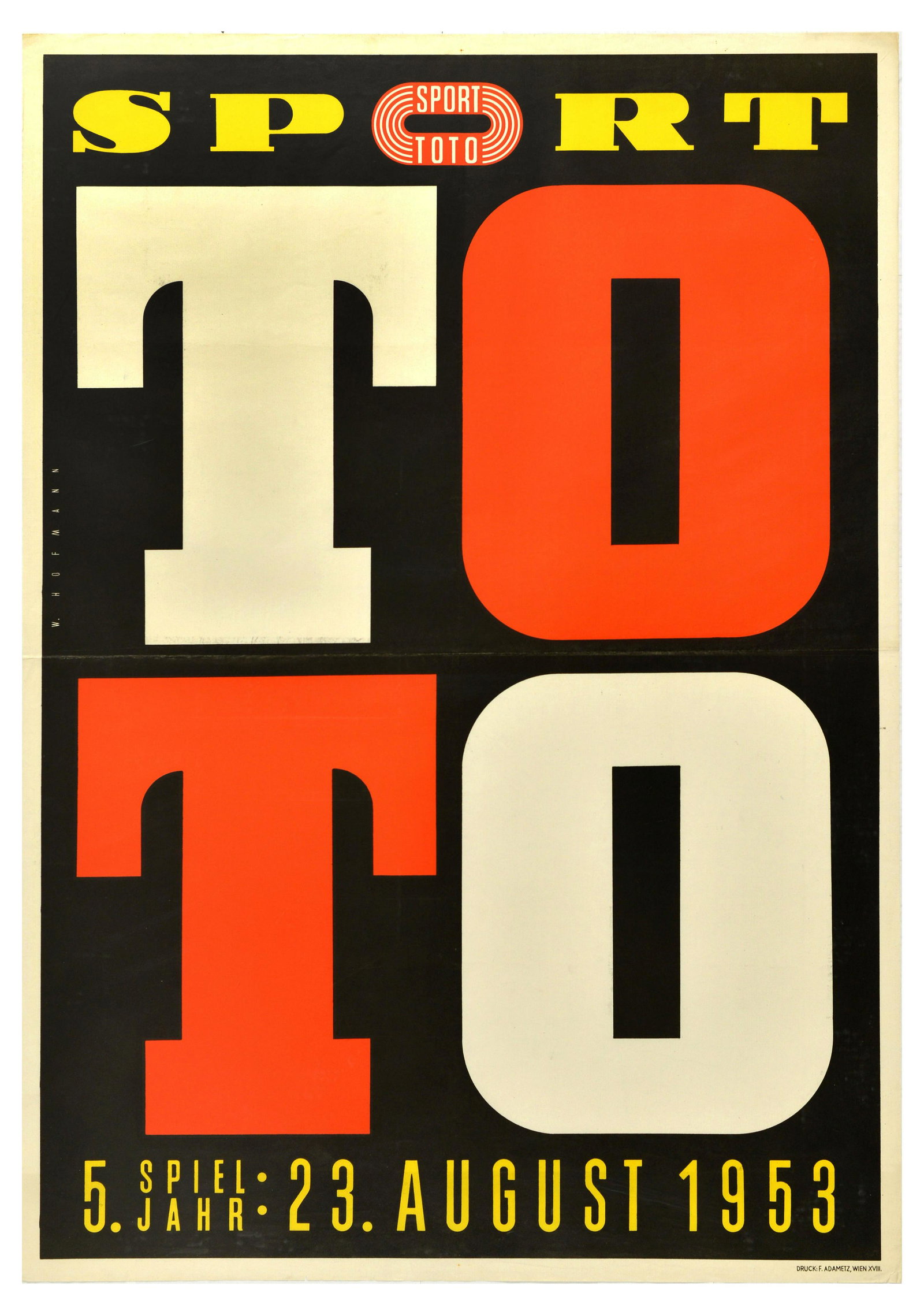 Advertising Poster Toto Sport Lottery: Original vintage advertising poster for Sport Toto lottery 5th game year 23 August 1953, the poster features bold design of large yellow, white, and red letters set over black background. Large size. 
