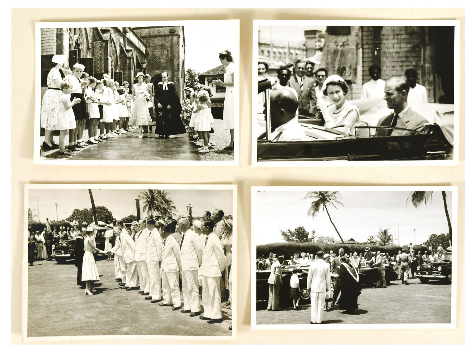 Advertising Poster Queen Elizabeth II Photos Commonwealth Royal Tour: Original vintage set of 4 photographs from the Queen Elizabeth II Commonwealth Royal Tour with an envelope stamped Perth 1955, the images portray Queen Elizabeth II greeted by children and elders of S