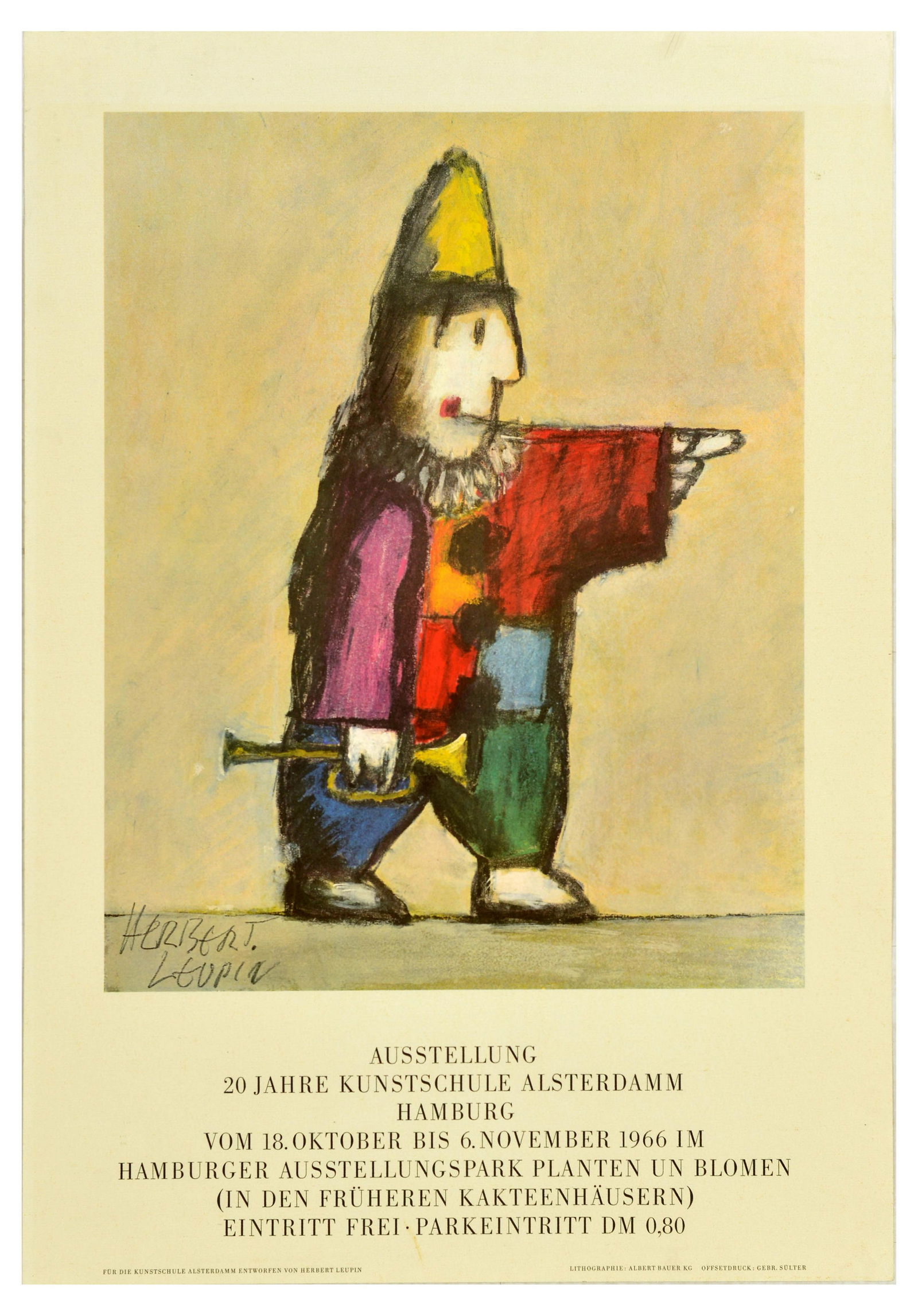 Advertising Poster Alsterdamm Art School Herbert Leupin Hamburg Clown Trumpet: Original vintage advertising poster for an exhibition celebrating 20 years of Alsterdamm art school that took place betwen 18 October and 6 November 1966 in the Hamburg Exhbition park former cactus ho