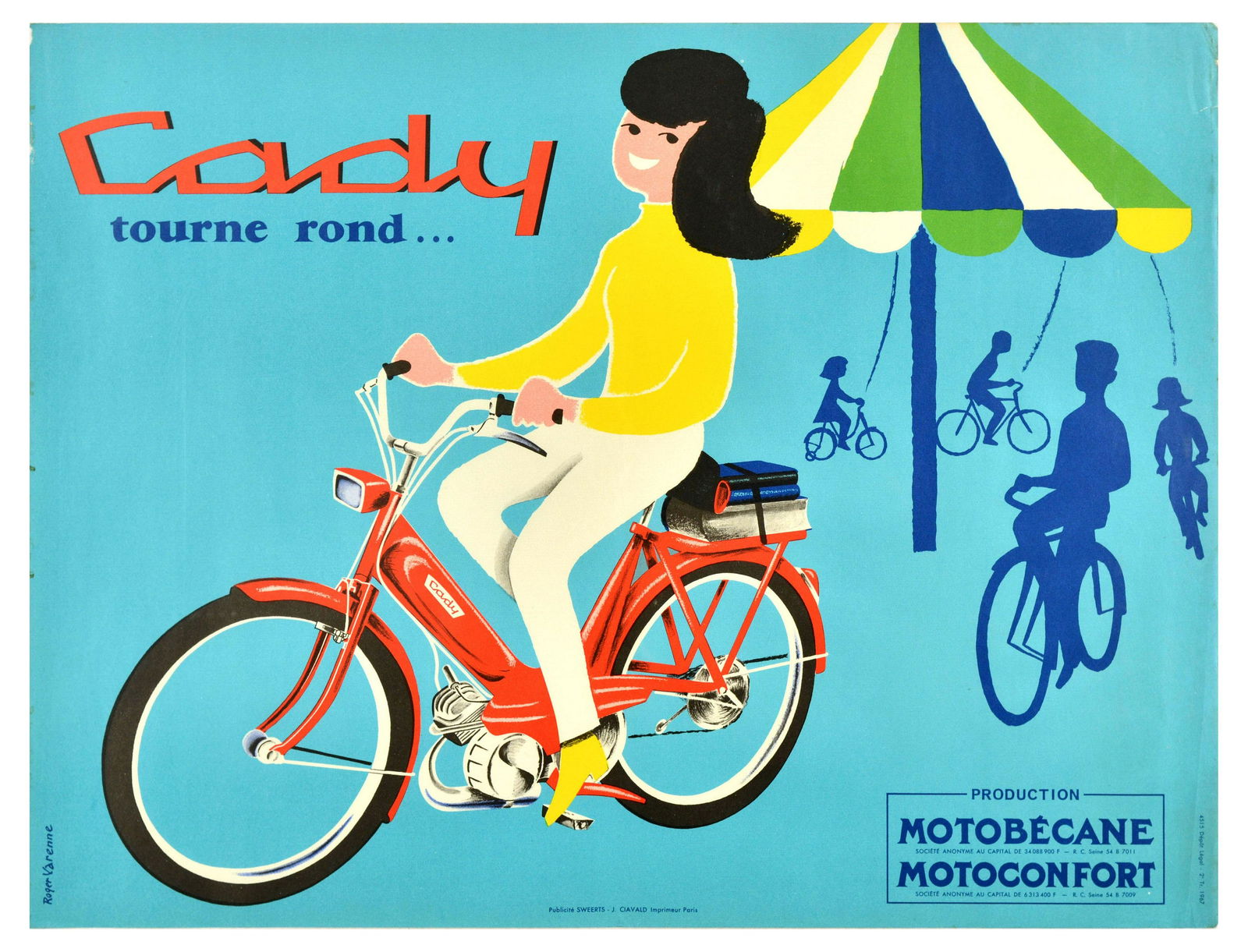 Advertising Poster Cady Motobecane Moped Motorcycle: Original vintage advertising poster for Cady Motobecane moped featuring a bright image of a smiling lady riding the red motorcycle and silhouettes following her around a colourful umbrella, the captio