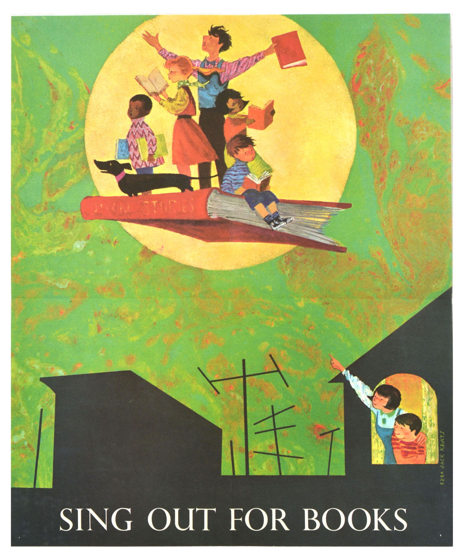 Advertising Poster Sing Out For Books Reading Childrens Books: Original vintage advertising poster promoting literacy and recreational reading - Sing out for Books - featuring an illustration by an American writer and illustrator of children's books Ezra Jack Kea