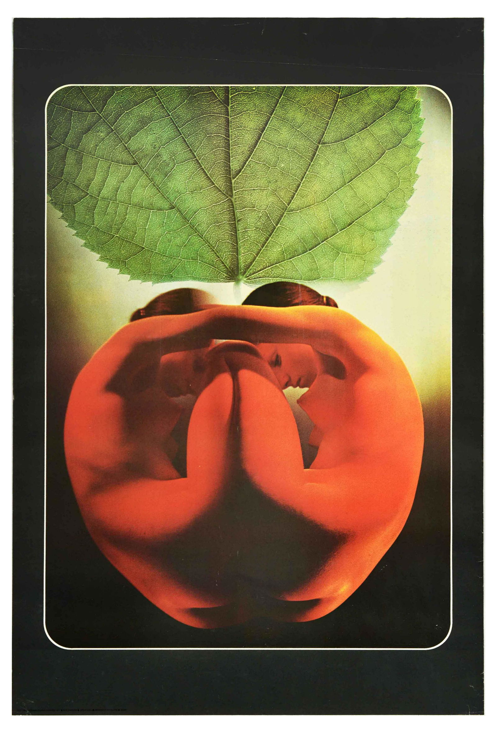 Advertising Poster Apple Girl Sam Haskins Photo Montage: Original vintage poster Apple Girl by British photographer Samuel Joseph Haskins (1926-2009) depicting a collage image of a girl in red hues and a large green leaf above her forming an apple. Printed