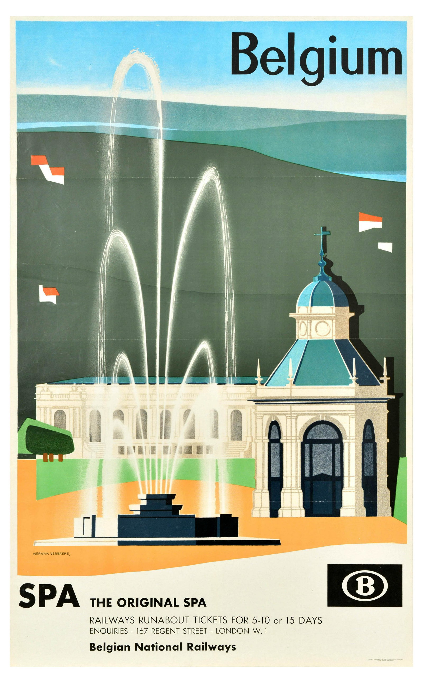 Travel Poster Belgium Spa Belgian National Railways Mineral Baths: Original vintage travel poster issued by Belgian National Railways for Spa The original Spa, featuring a great illustration by a Belgian artist Herman Verbaere (1906-1993) depicting a view of the town