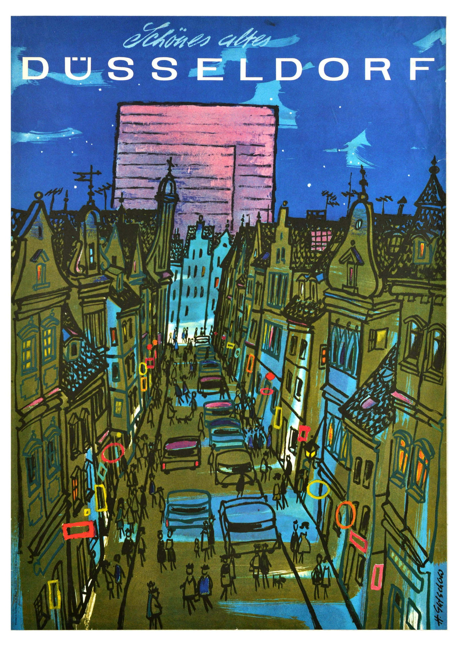 Travel Poster Beautiful Old Dusseldorf Germany City Harald Gutschow: Original vintage travel poster Beautiful old Dusseldorf / SchÃ¶nes altes DÃ¼sseldorf Beautiful old Dusseldorf - Artwork by Harald Gutschow (1927-1998) features a night time cityscape with people a