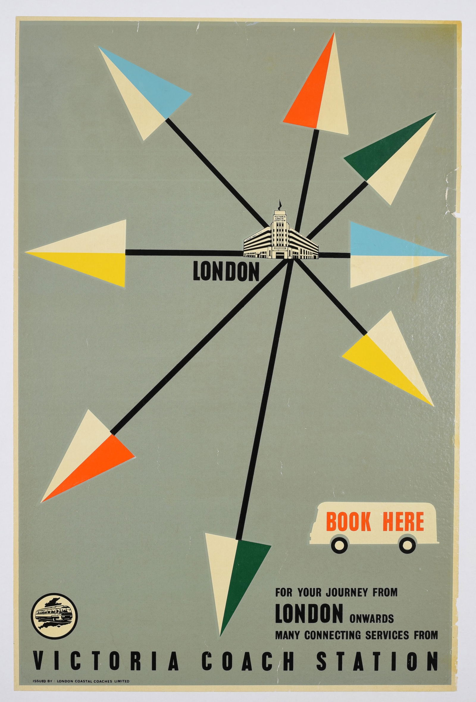 Travel Poster Victoria Coach Station Midcentury Modern: Original vintage travel poster promoting Victoria Coach Station. Colourful midcentury modern design. Victoria Coach Station in the City of Westminster is the largest coach station in London, and a ter