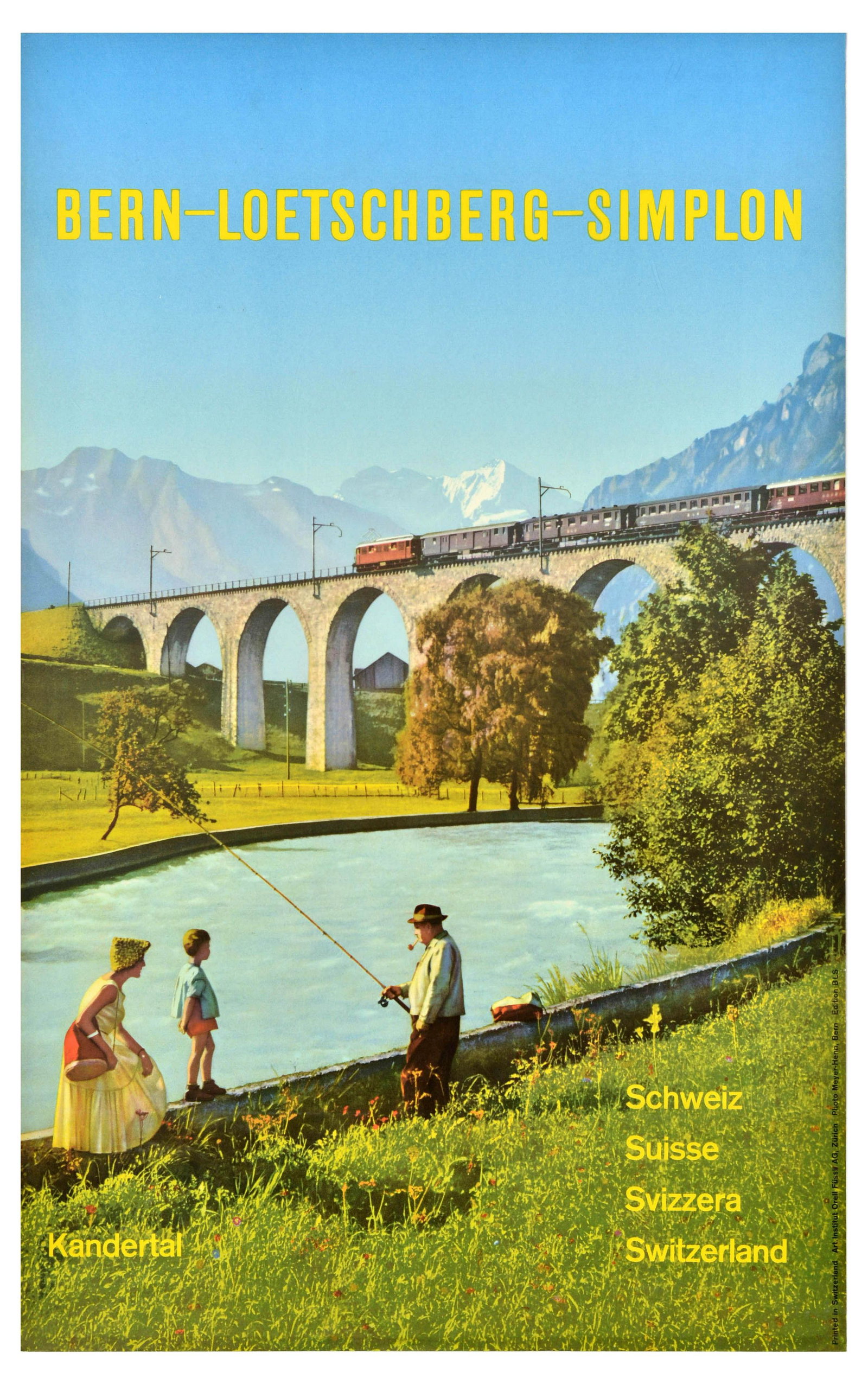 Travel Poster Bern Loetschberg Simplon Switzerland Suisse Svizzera Schweiz: Original vintage travel poster for the Bern-Lotschberg-Simplon-Bahn Swiss railway company featuring a colourful photograph of a fishing gentleman, a mother and a child standing nearby surrounded by lu