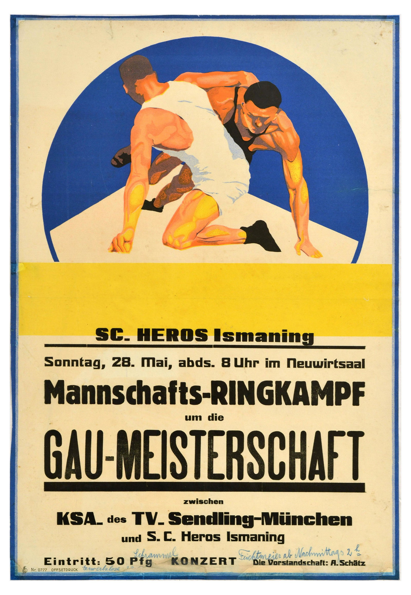 Sport Poster Wrestling Gaumeisterschaft Ringkampf SC Heros Ismaning Bavaria: Original vintage sport poster for the Team Wrestling Match for the Gau Championship between KSA of TV Sendling-Munchen and SC Heros Ismaning, the poster features an illustration of two athletes wrestl