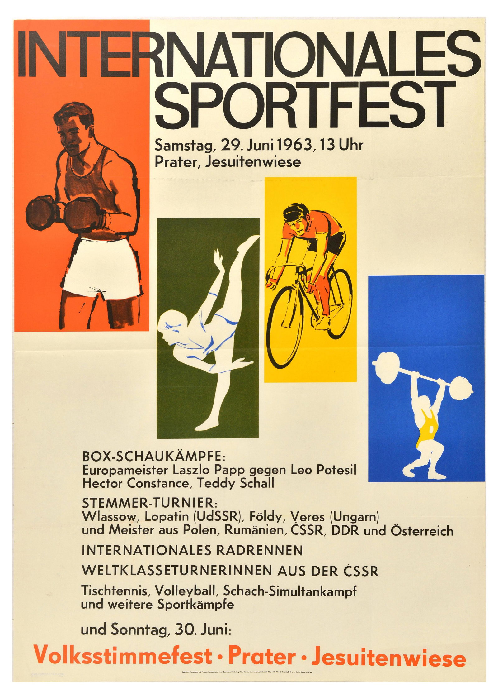 Sport Poster International Sports Festival Prater Austria Osterreich: Original vintage sports poster for International Sports Festival 29 June 1963 Prater, Jesuitenwiese featuring images of a boxer, gymnast, cyclist, and weightlifter set over red, green, yellow and blue