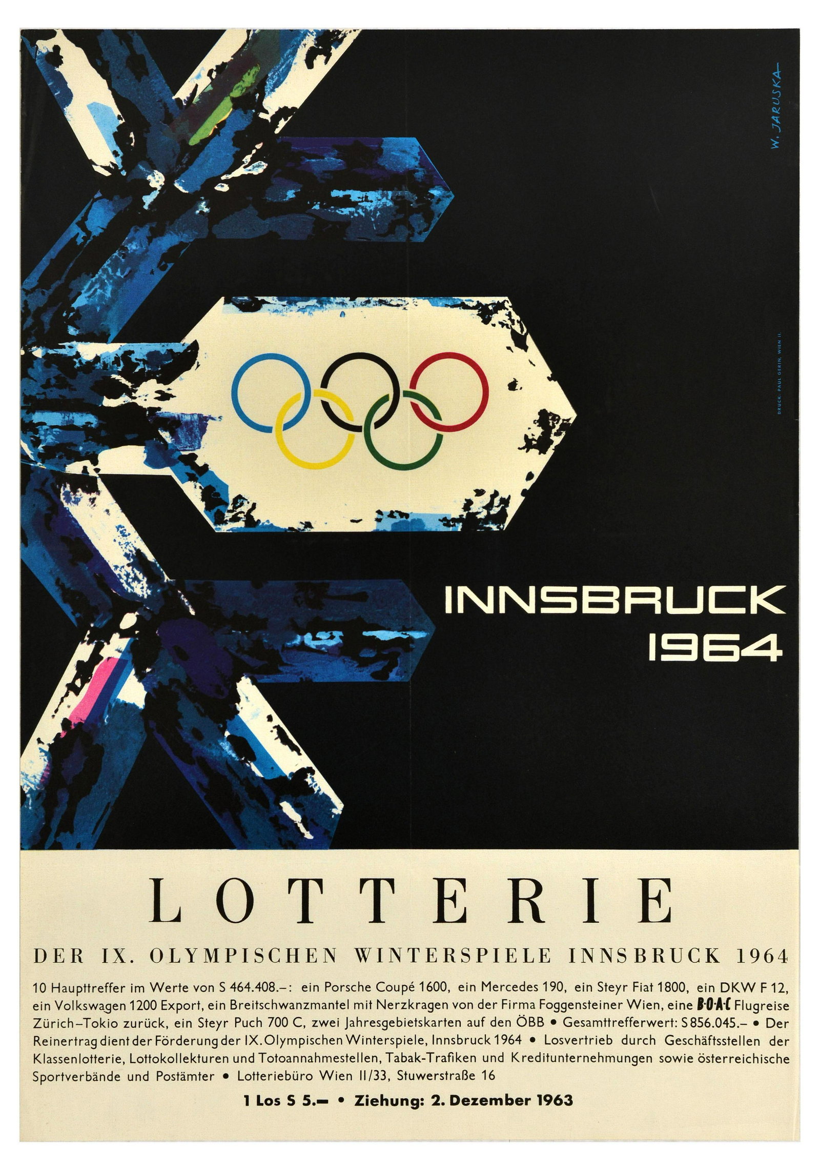 Sport Poster Innsbruck Winter Olympic Games 1964 Lottery: Original vintage sport poster for the IX Olympic Winter Games / IX Olympische Winterspiele Innsbruck lottery featuring a great illustration of the Olympic rings on a snowflake set over a black backgro